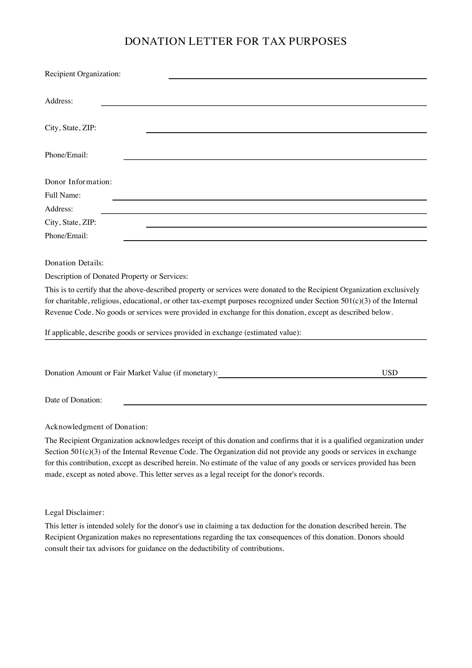 Donation Letter For Tax Purposes Template - US