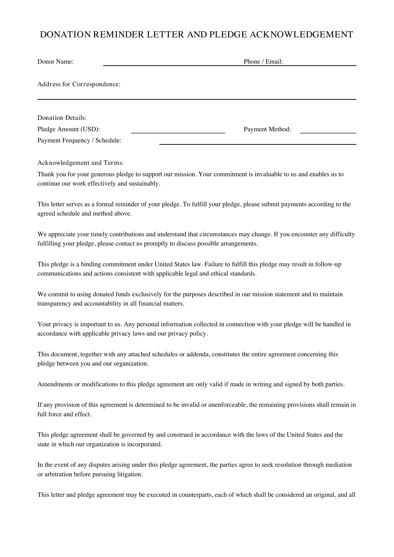 Donation Reminder Letter Pledge Reminder Template - US