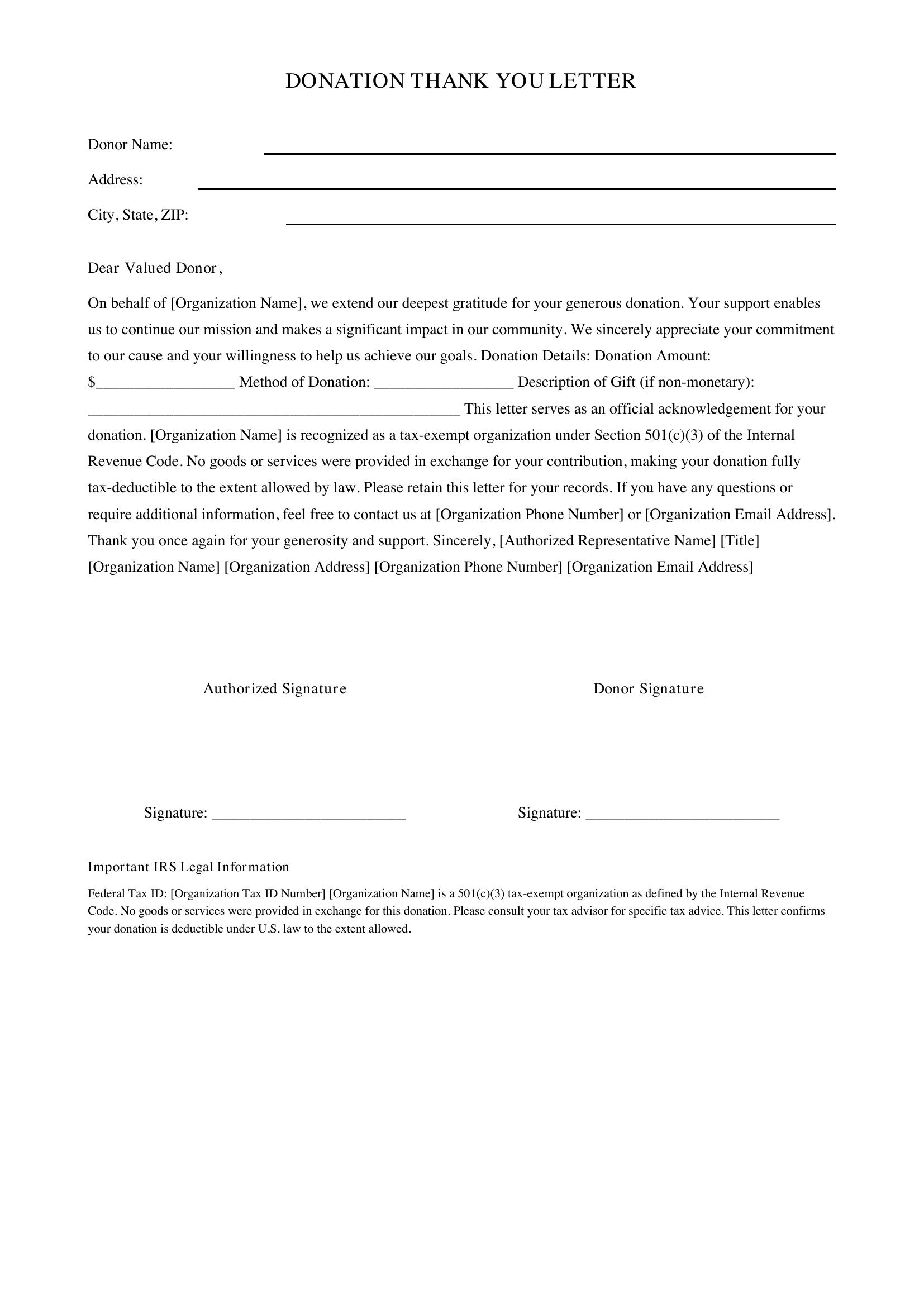 Donation Thank You Letter Template - US