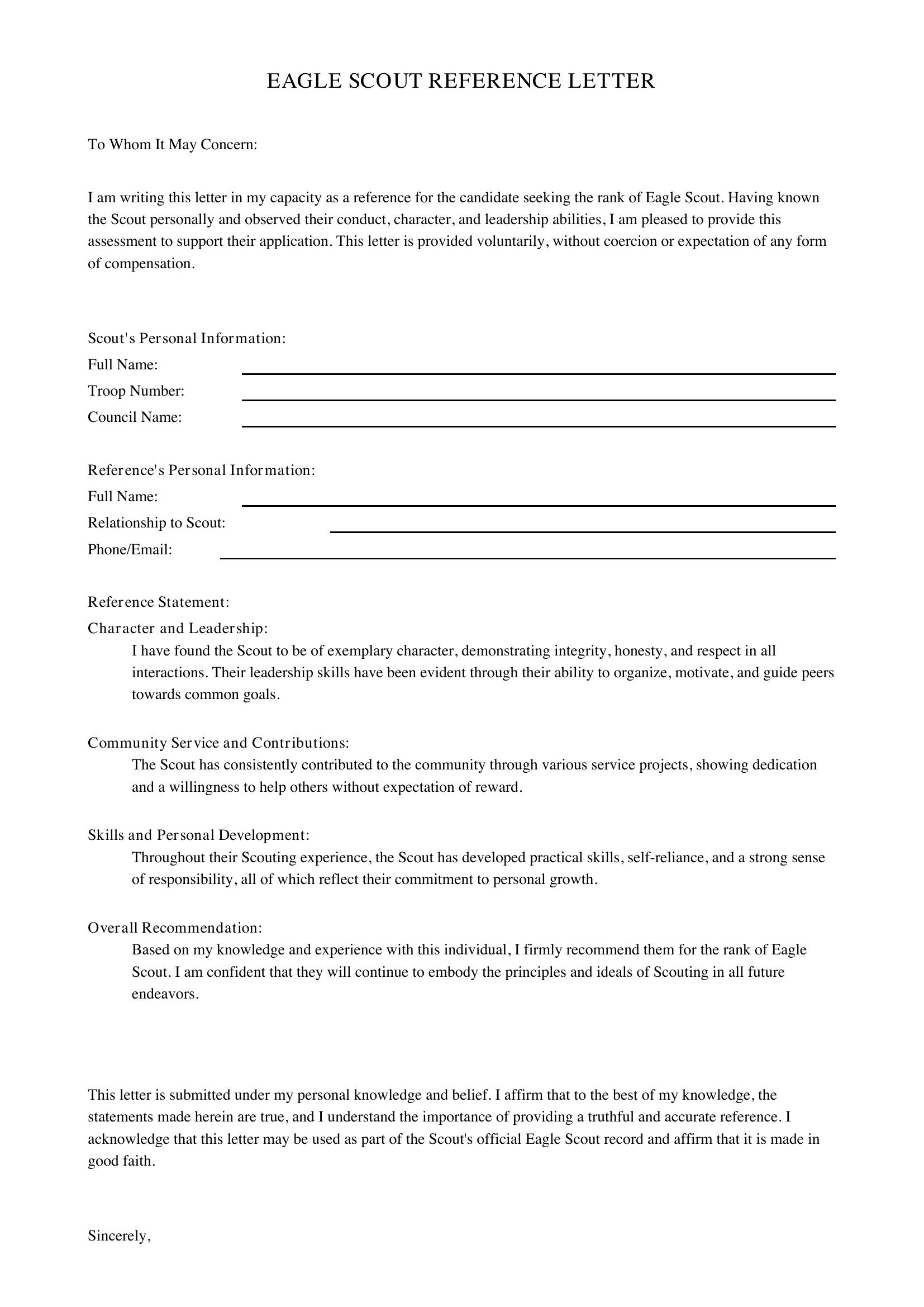 Eagle Scout Reference Letter Template - US