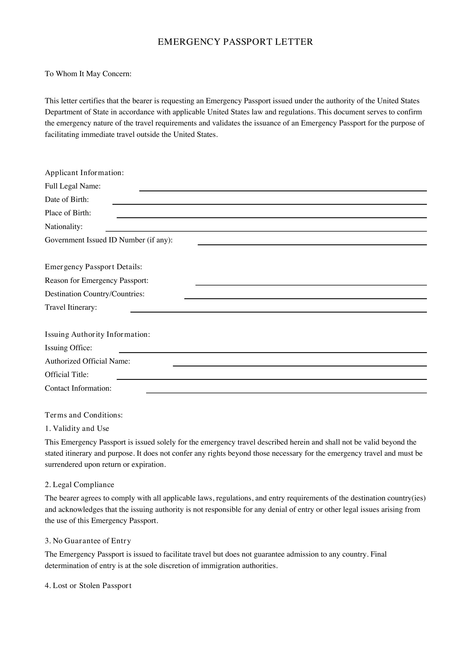 Emergency Passport Letter Template - US