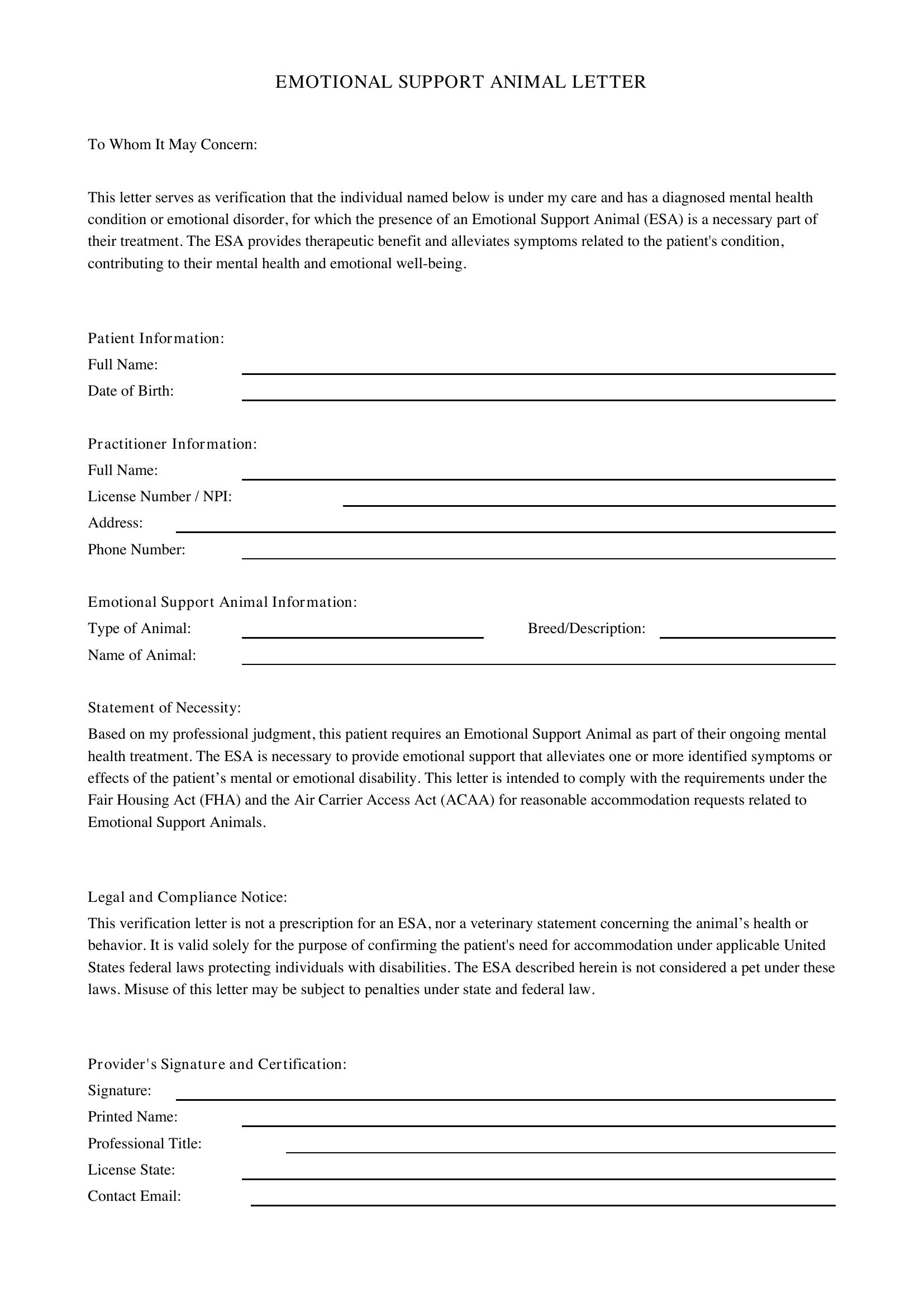 Emotional Support Letter Template - US