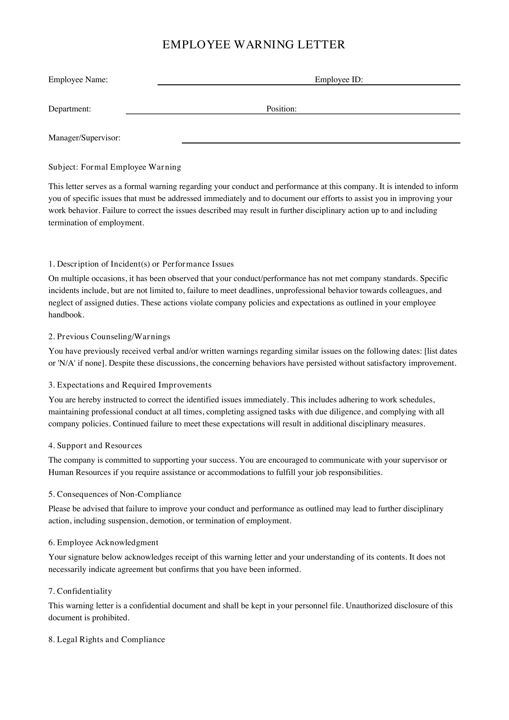 Employee Warning Letter Template - US