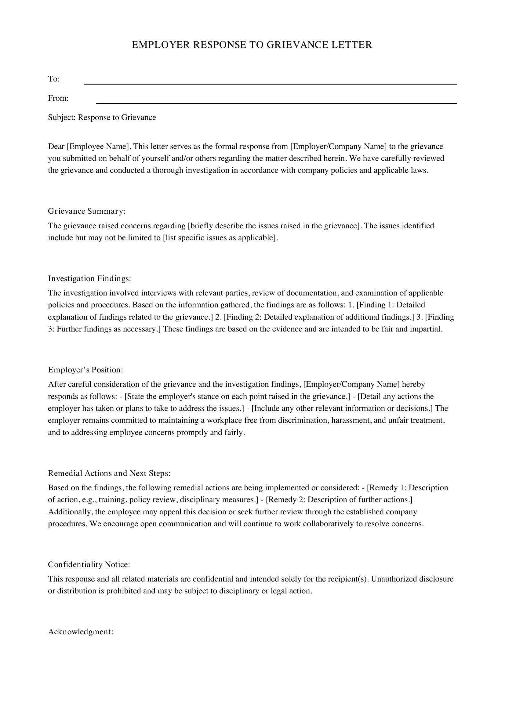 Employer Response To Grievance Letter Template - US