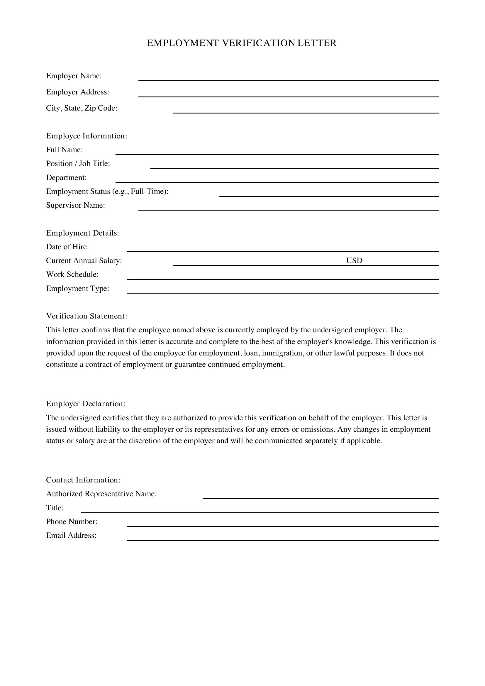 Employment Verification Letter Microsoft Template - US