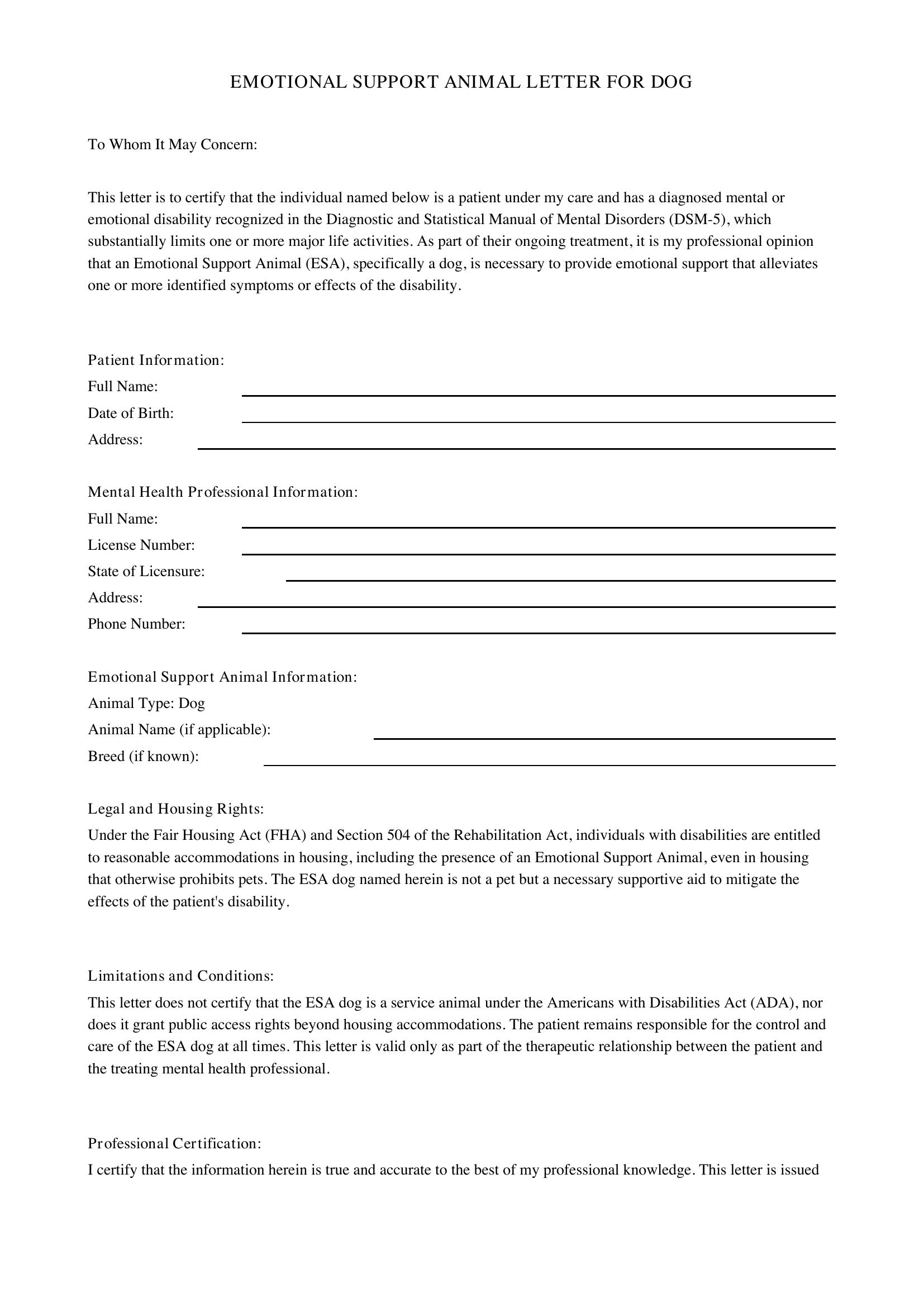 Esa Letter For Dog Template - US