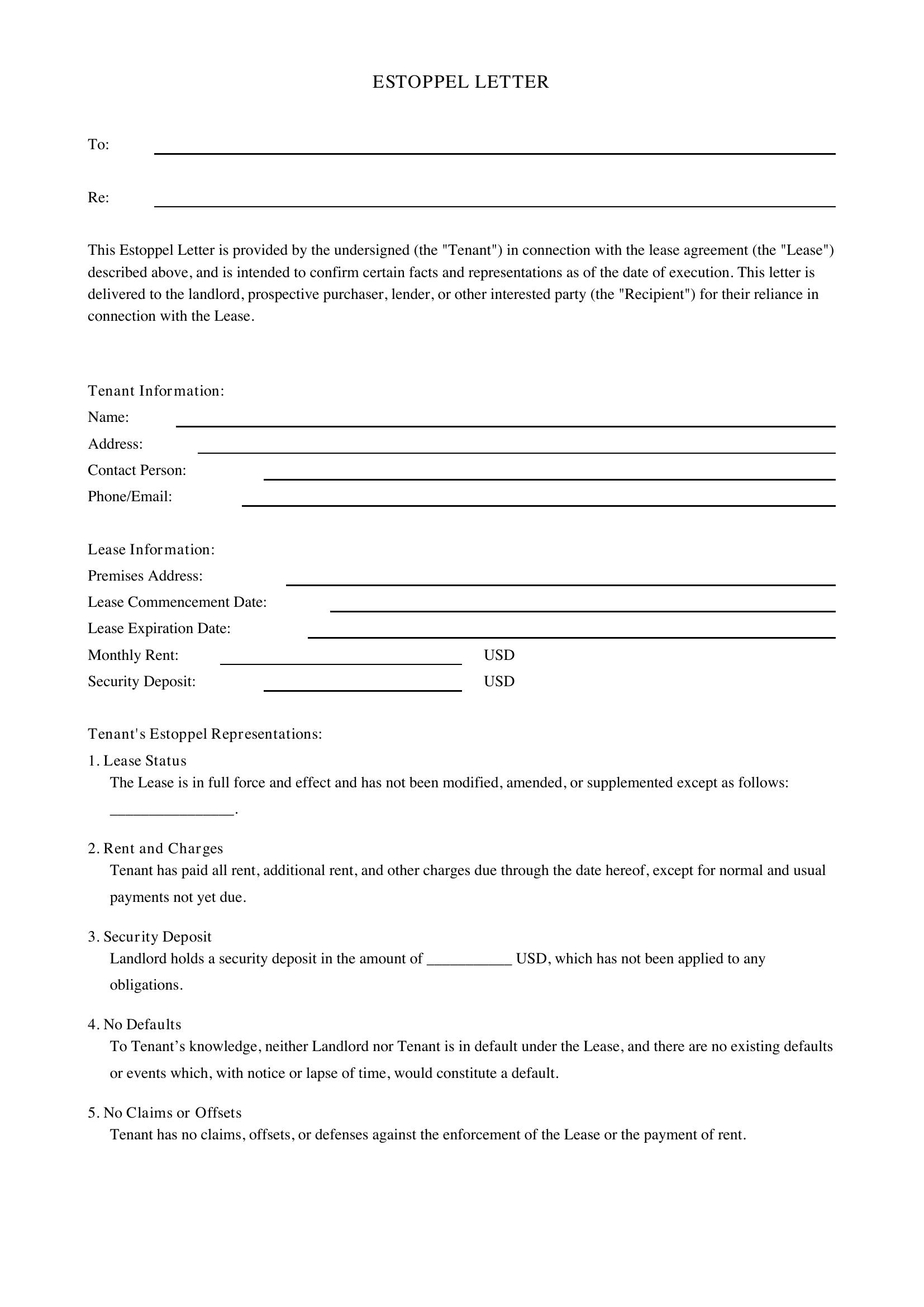 Estoppel Letter Template - US