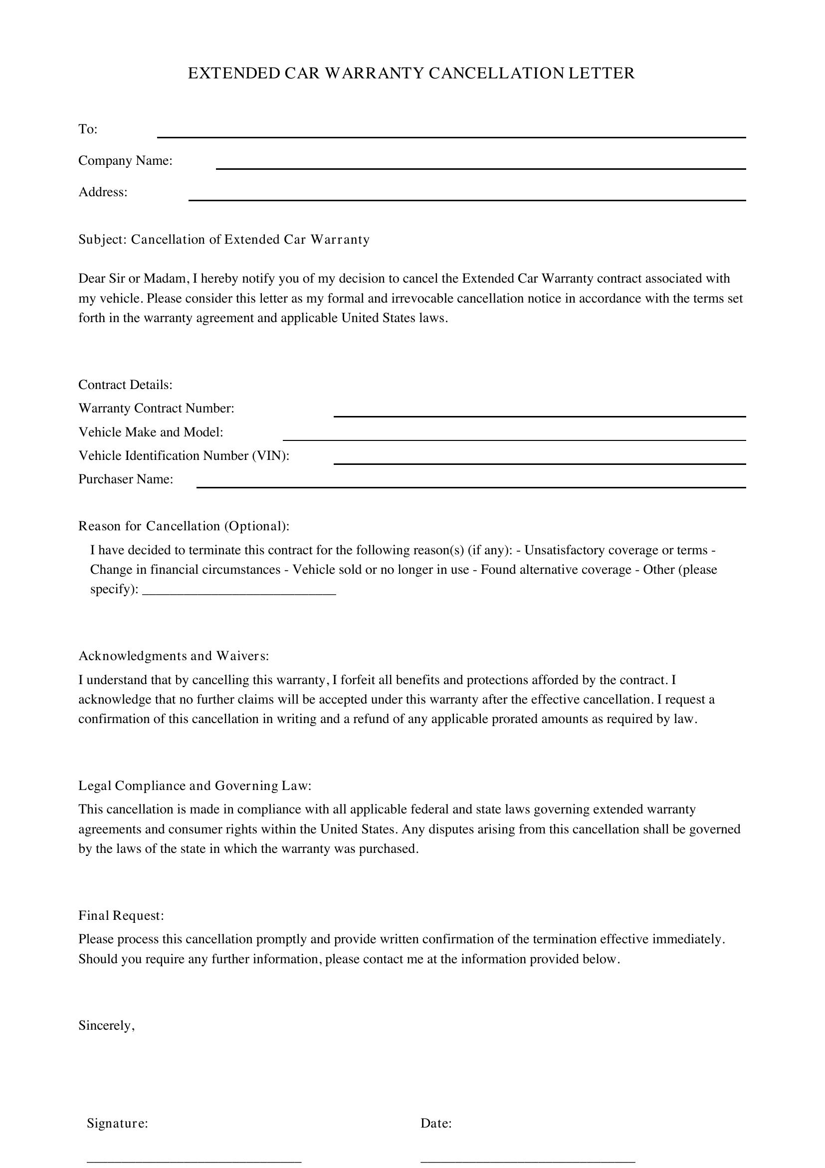 Extended Car Warranty Cancellation Letter Template - US