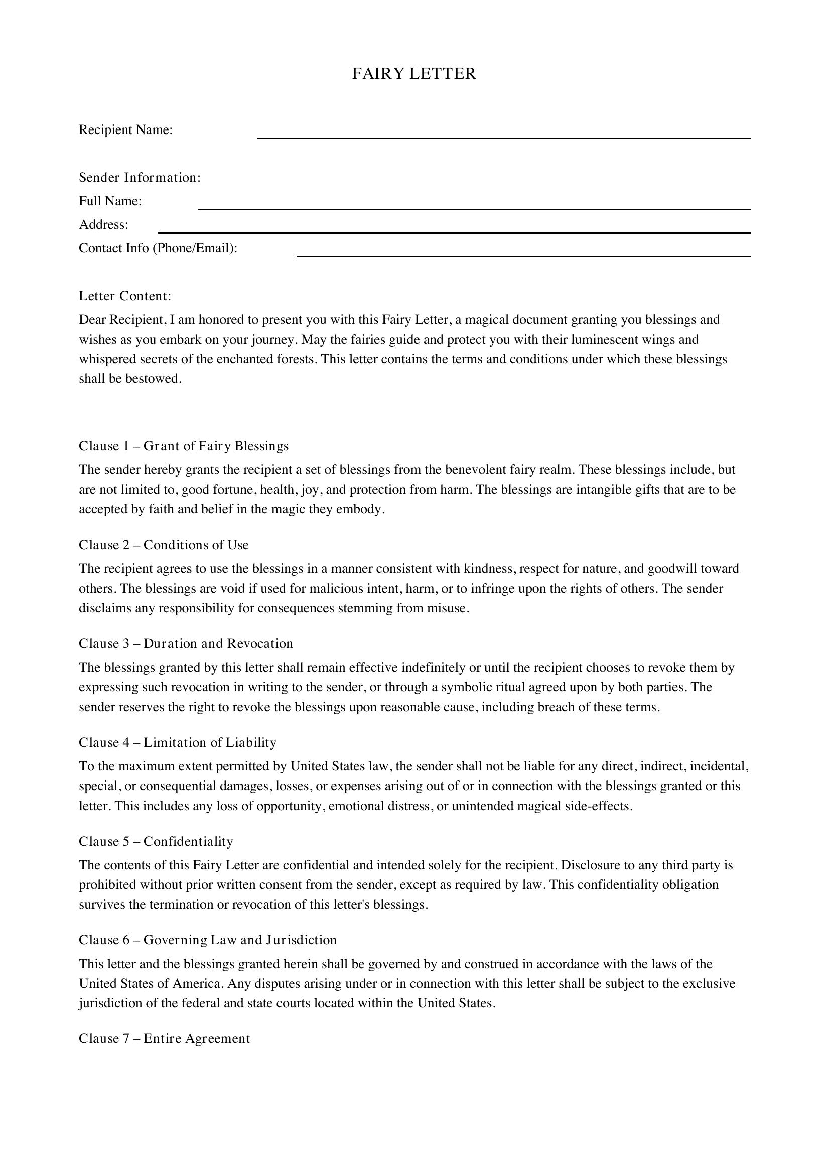 Fairy Letter Template - US