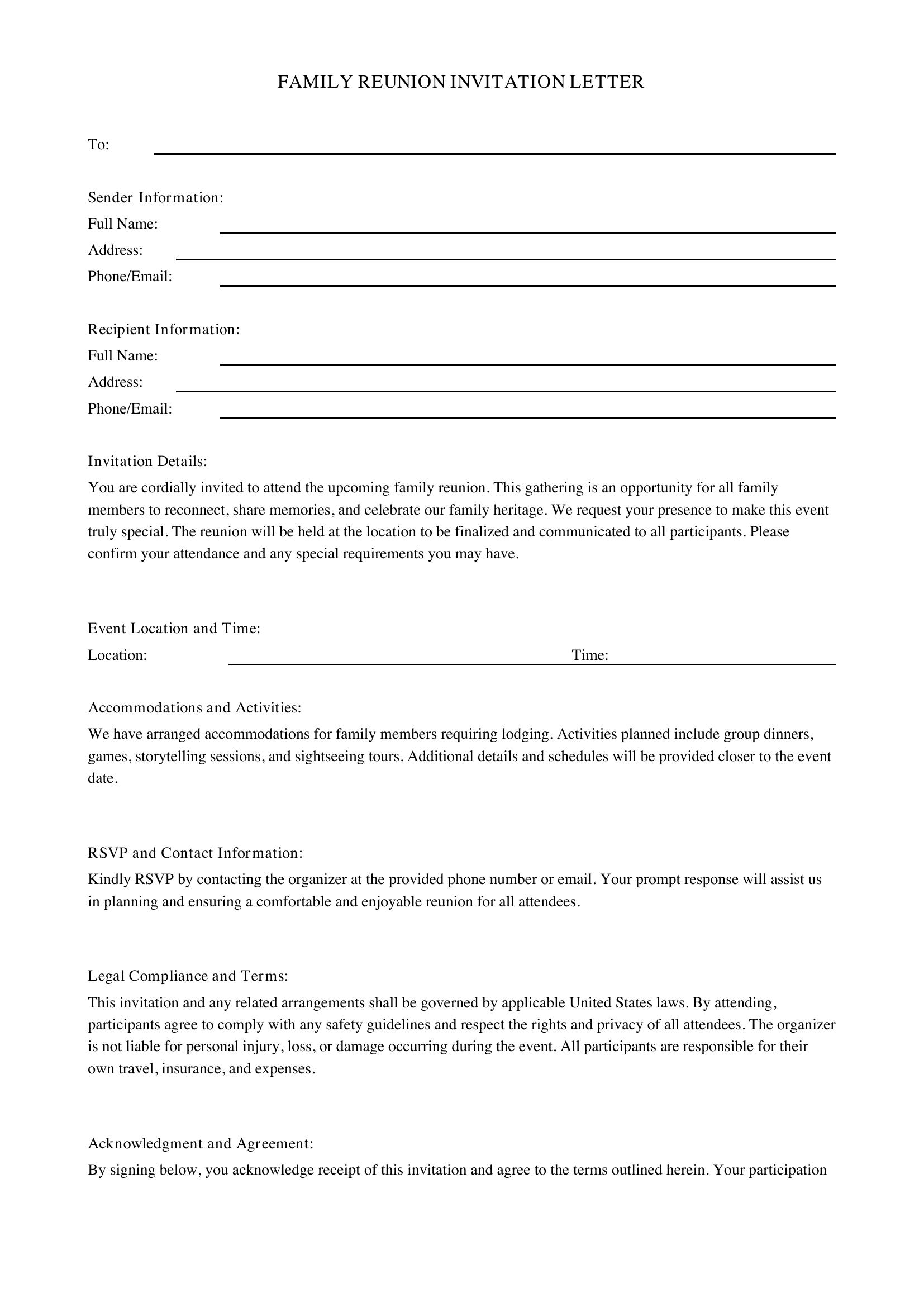 Family Reunion Letter Template - US