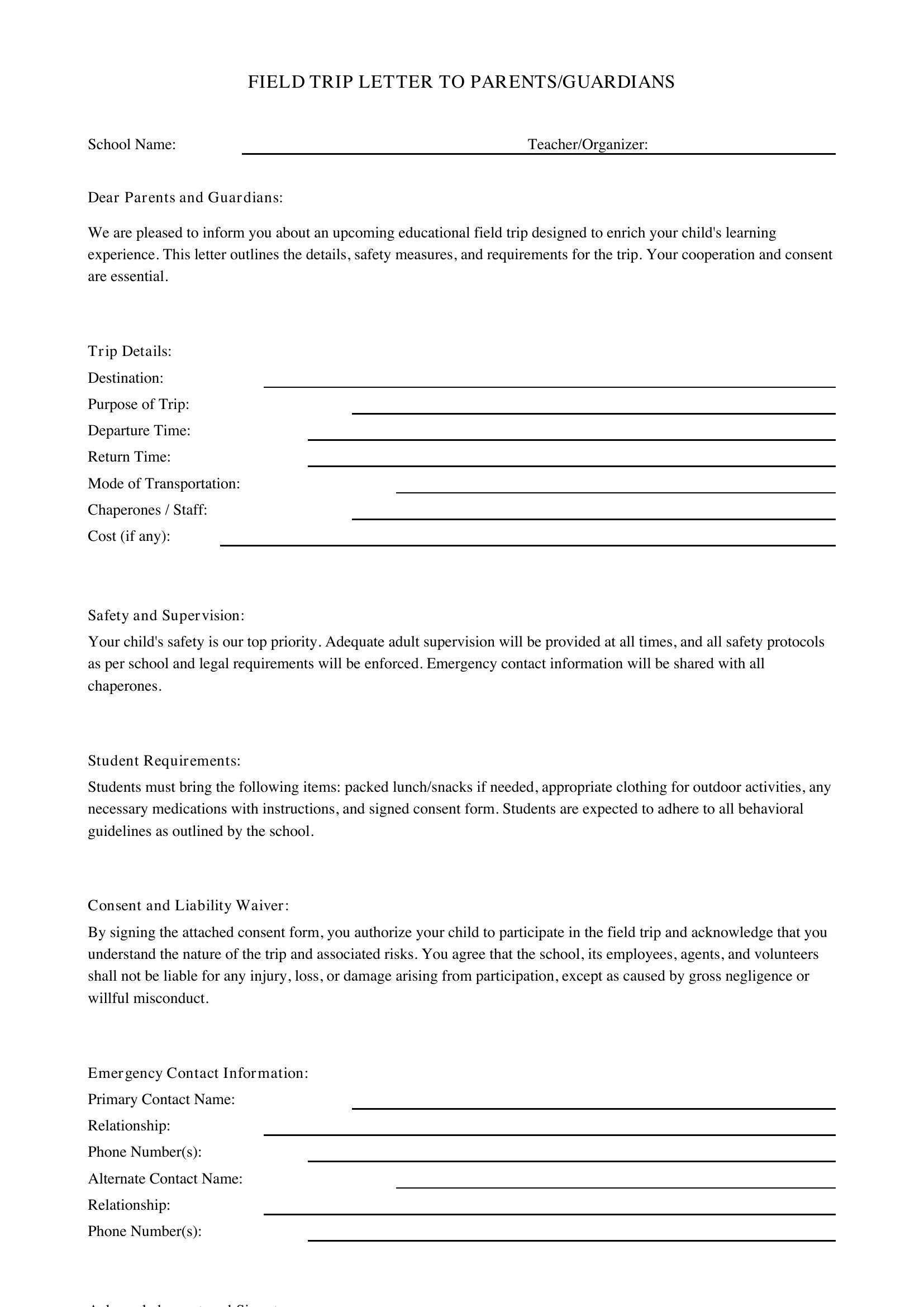 Field Trip Letter To Parents Template - US