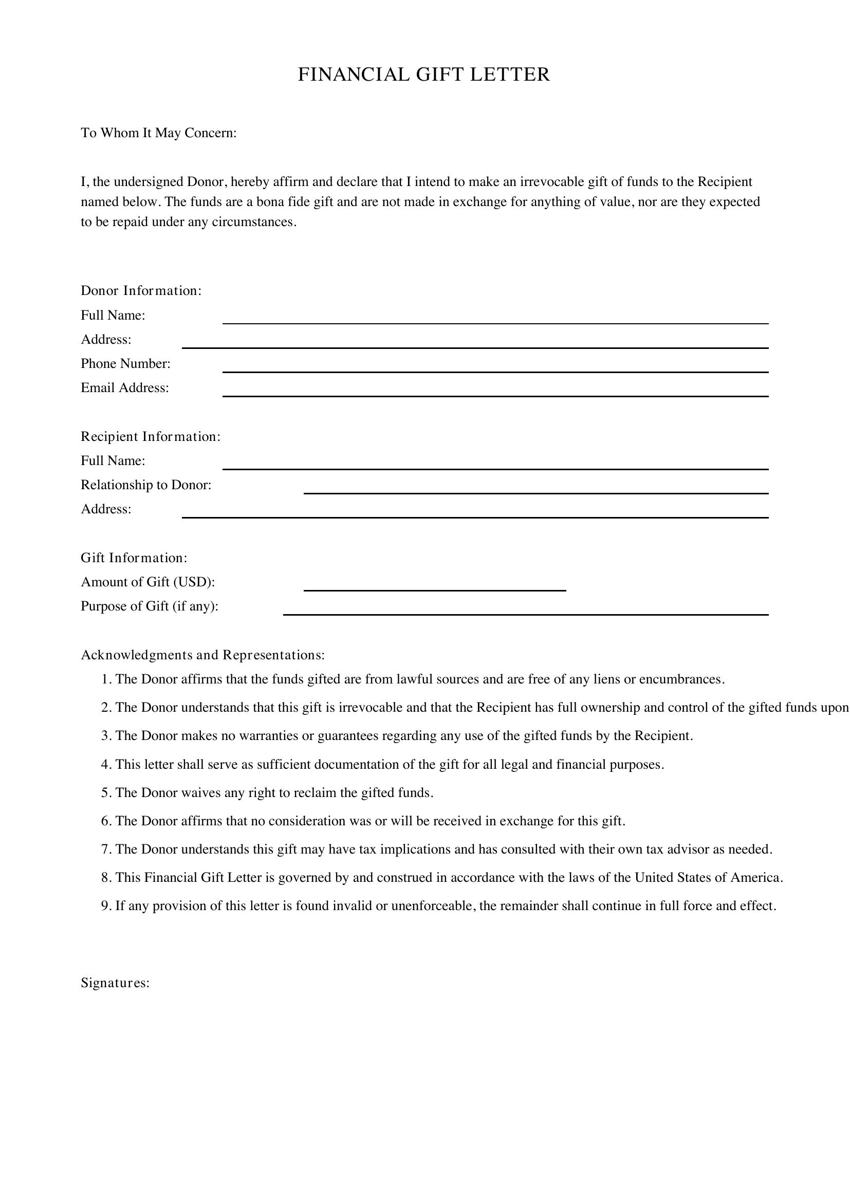 Financial Gift Letter Template - US