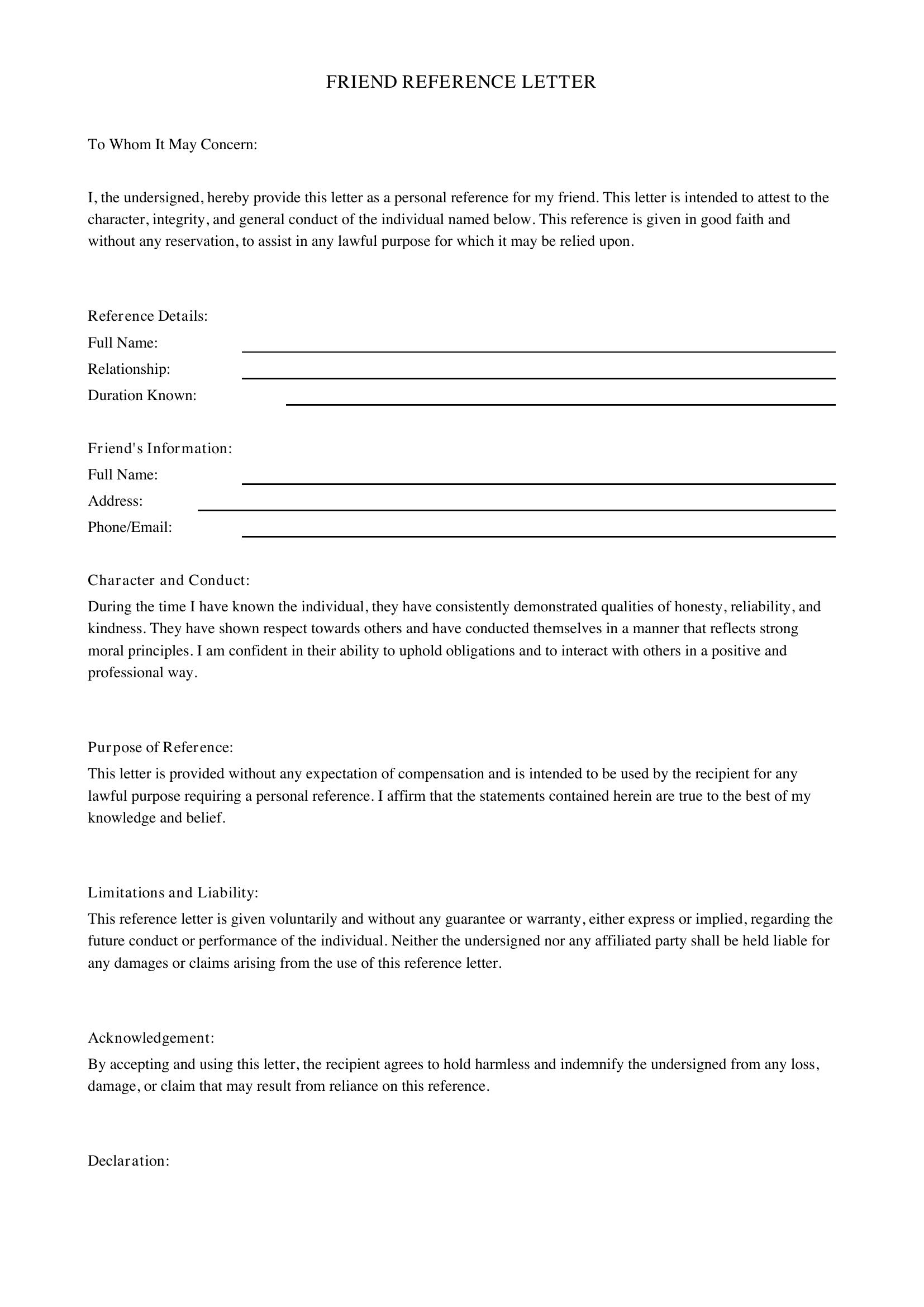 Friend Reference Letter Template - US