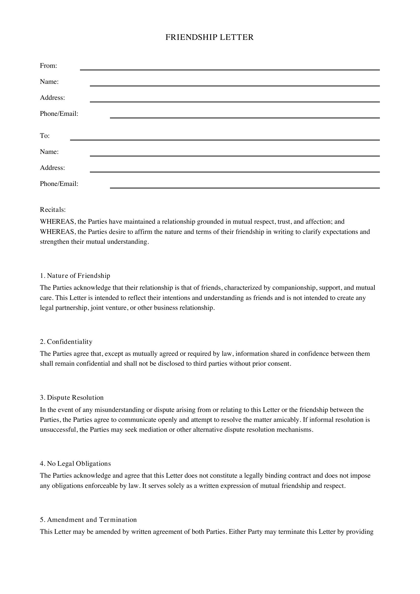 Friendship Letter Template - US