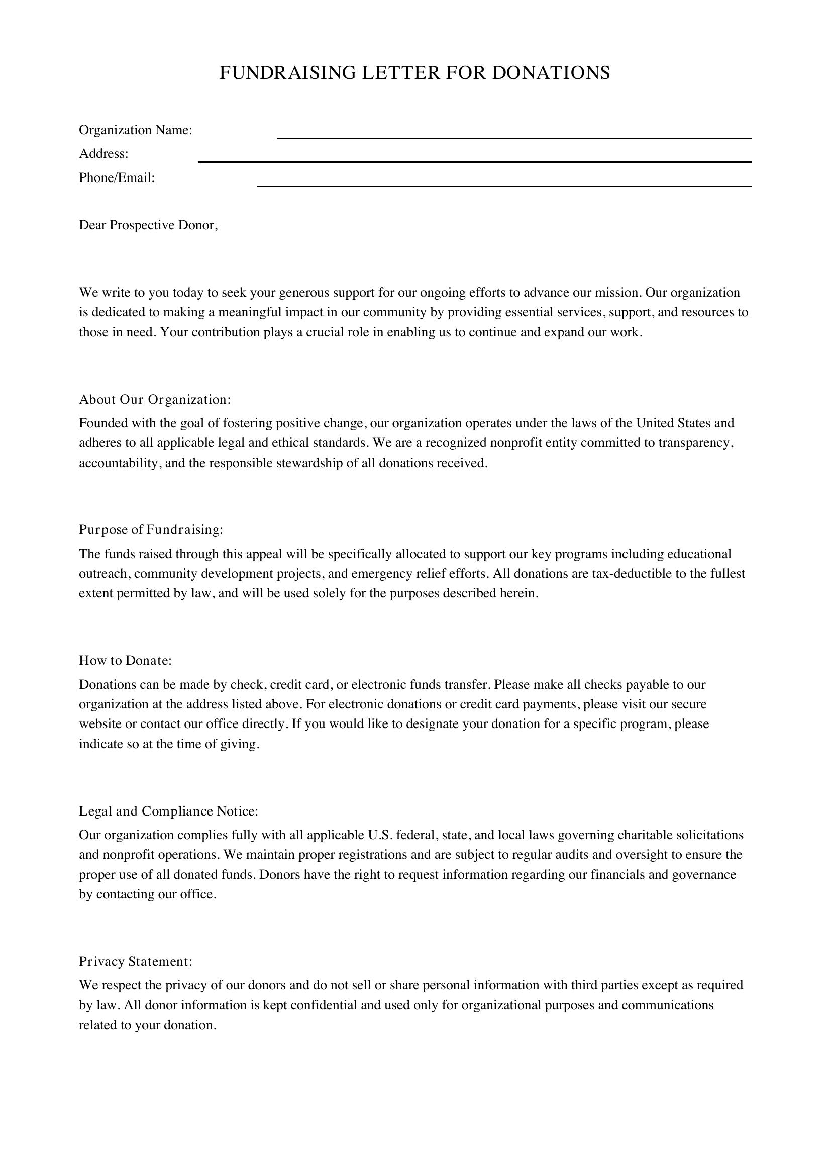 Fundraising Letter For Donations Template - US