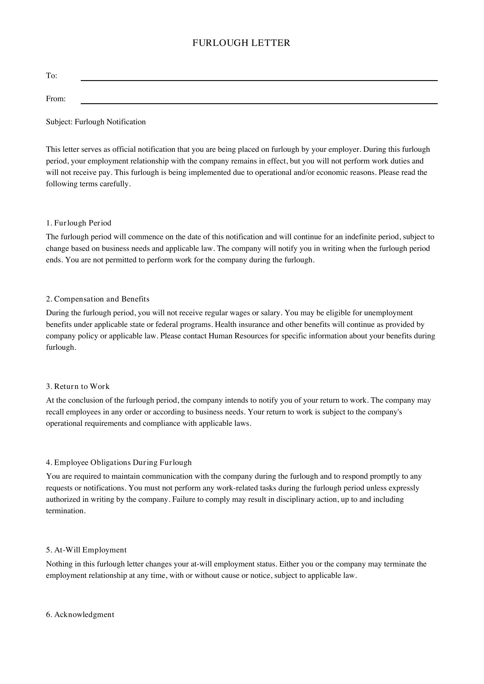 Furlough Letter Template - US