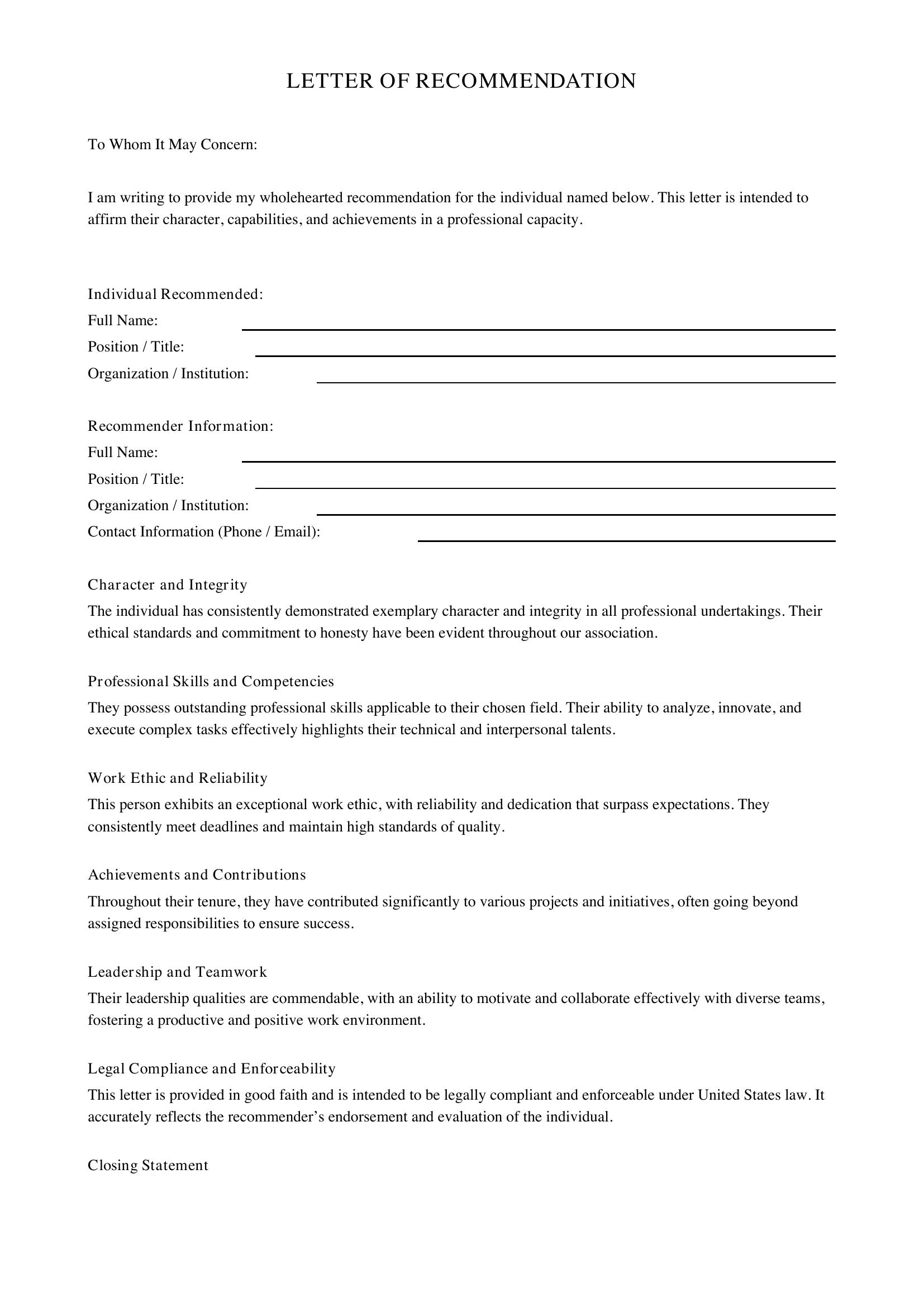 General Letter Of Recommendation Template - US