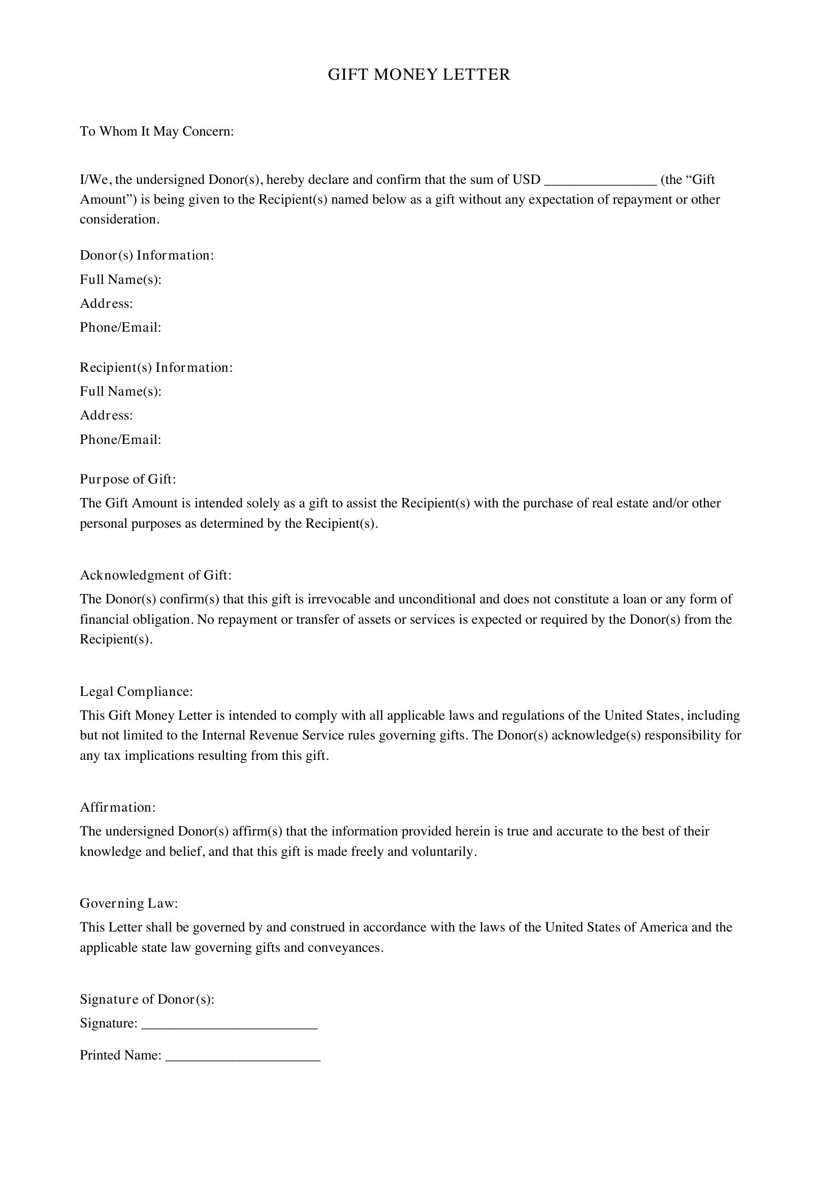 Gift Money Letter Template - US