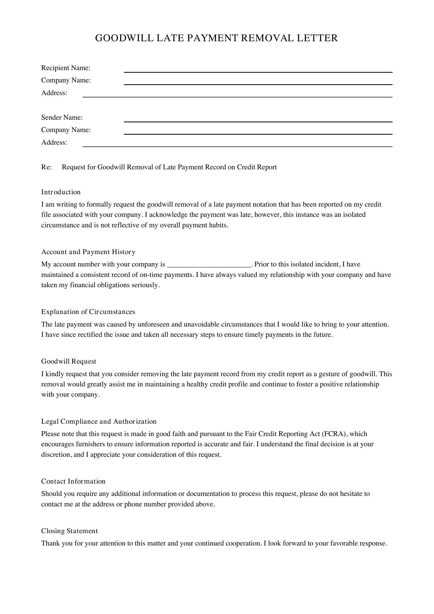 Goodwill Late Payment Removal Letter Template - US