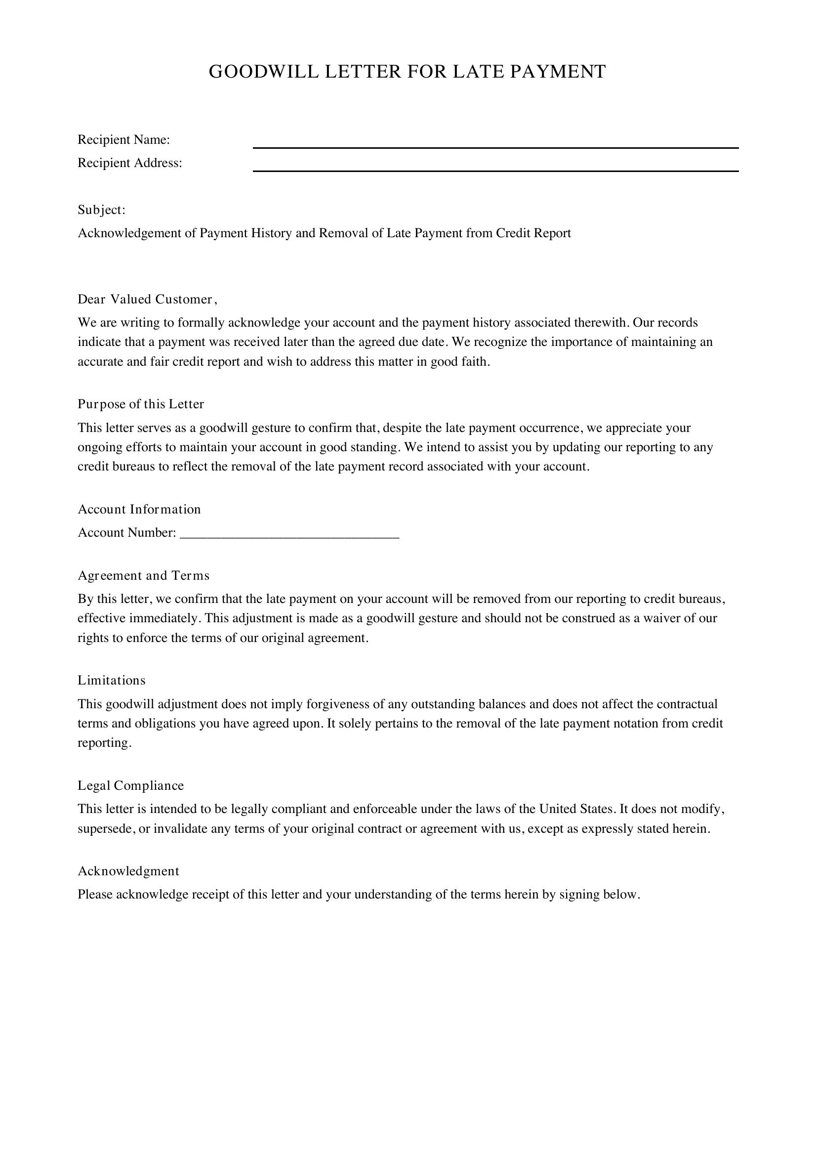 Goodwill Letter For Late Payment Template - US