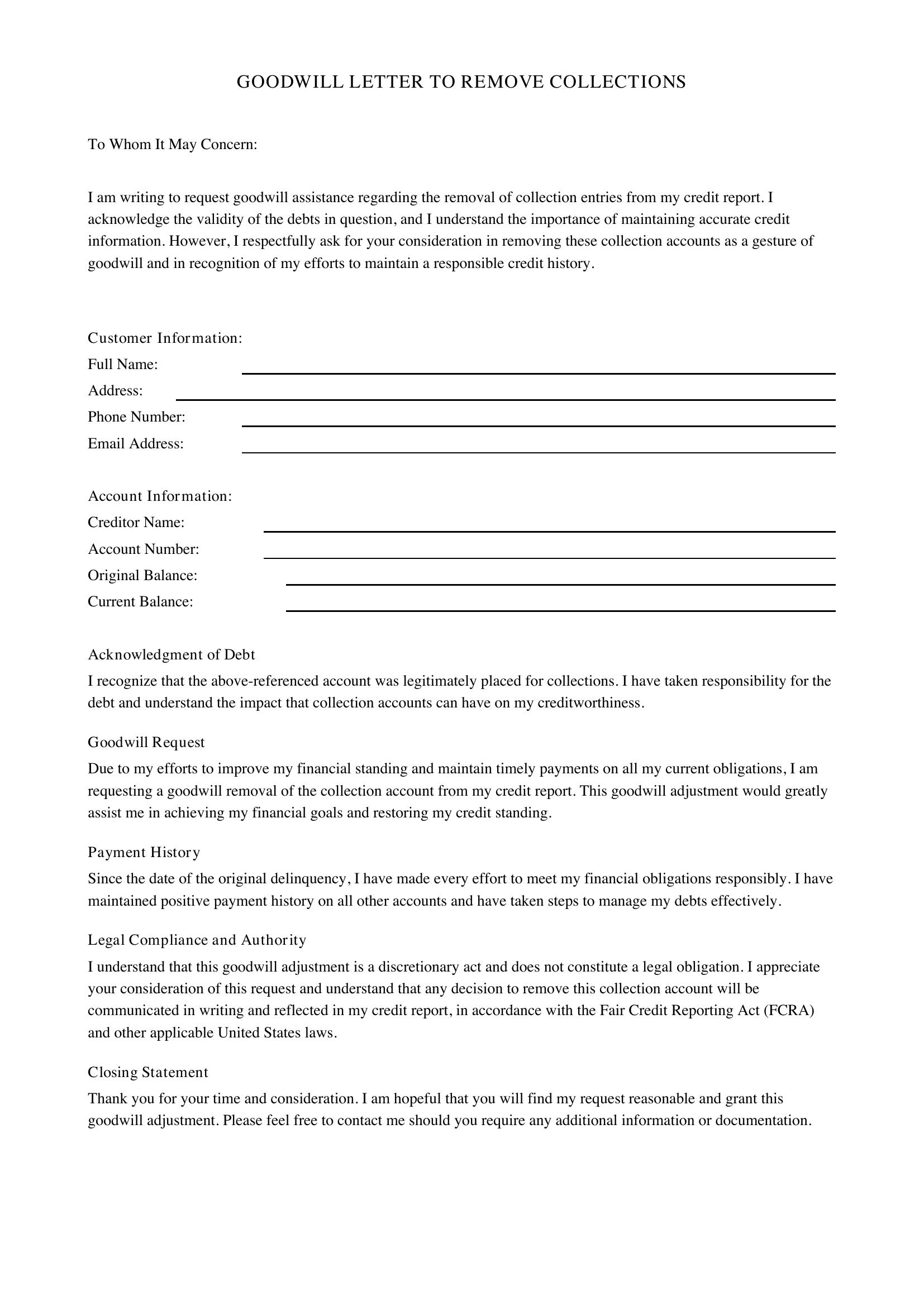 Goodwill Letter To Remove Collections Template - US