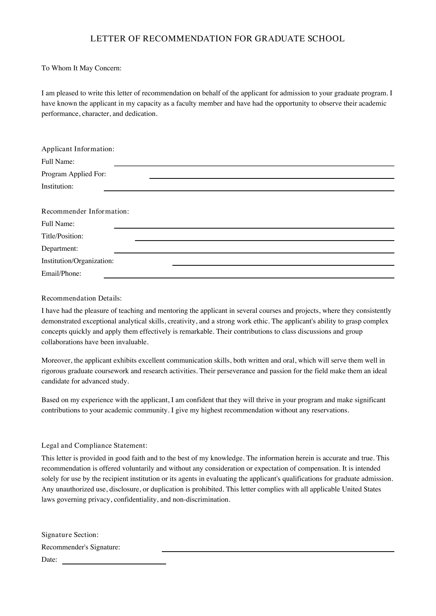 Grad School Letter Of Recommendation Template - US