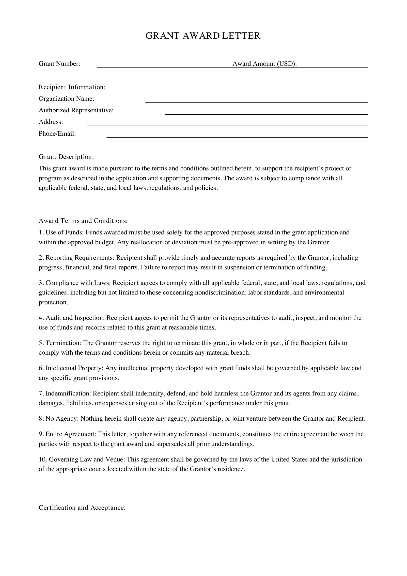 Grant Award Letter Template - US