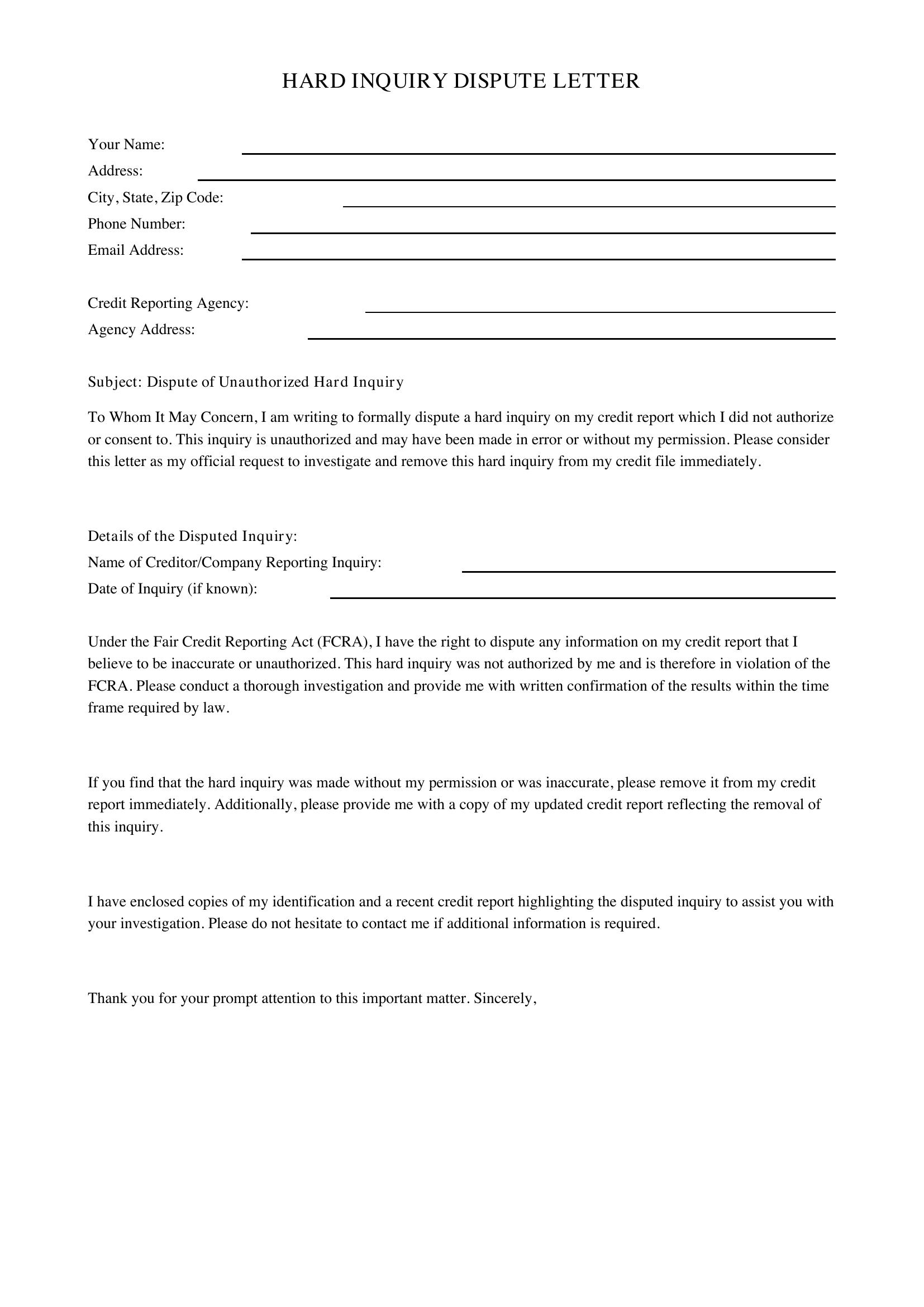 Hard Inquiry Dispute Letter Template - US