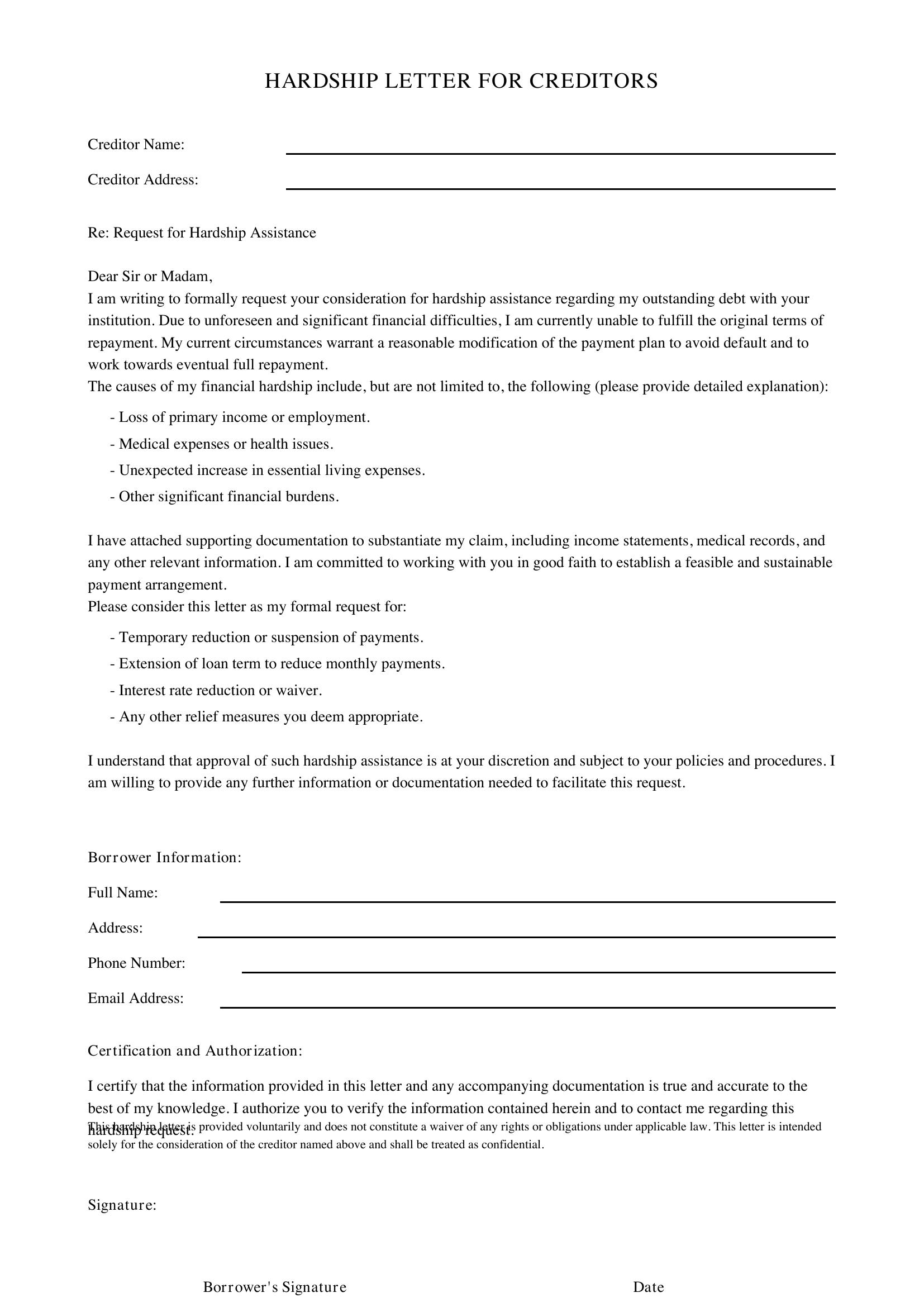 Hardship Letter For Creditors Template - US