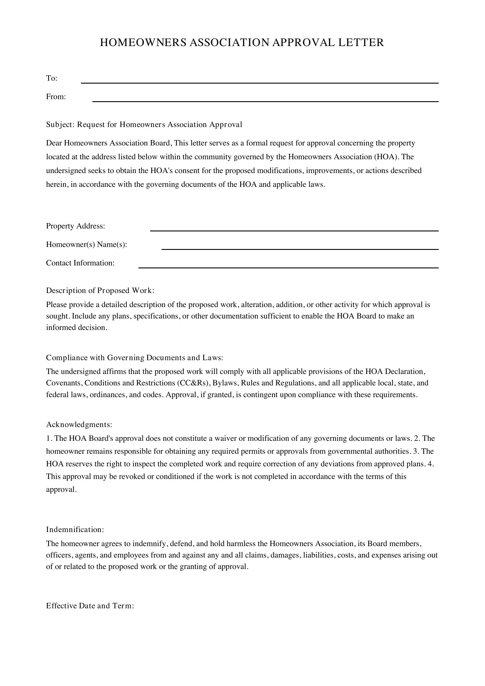 Hoa Approval Letter Template - US