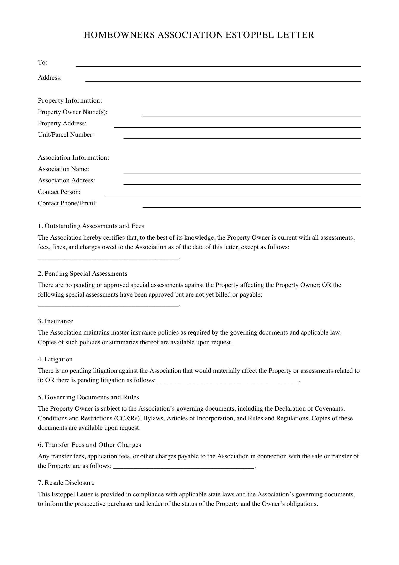 Hoa Estoppel Letter Template - US