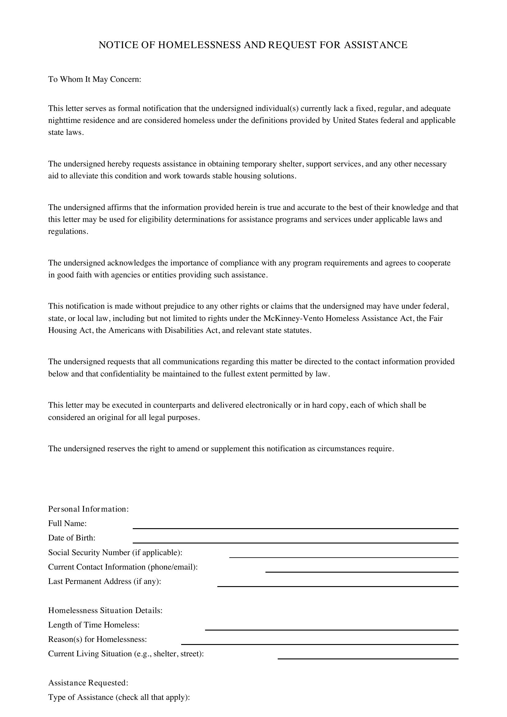 Homeless Letter Template - US