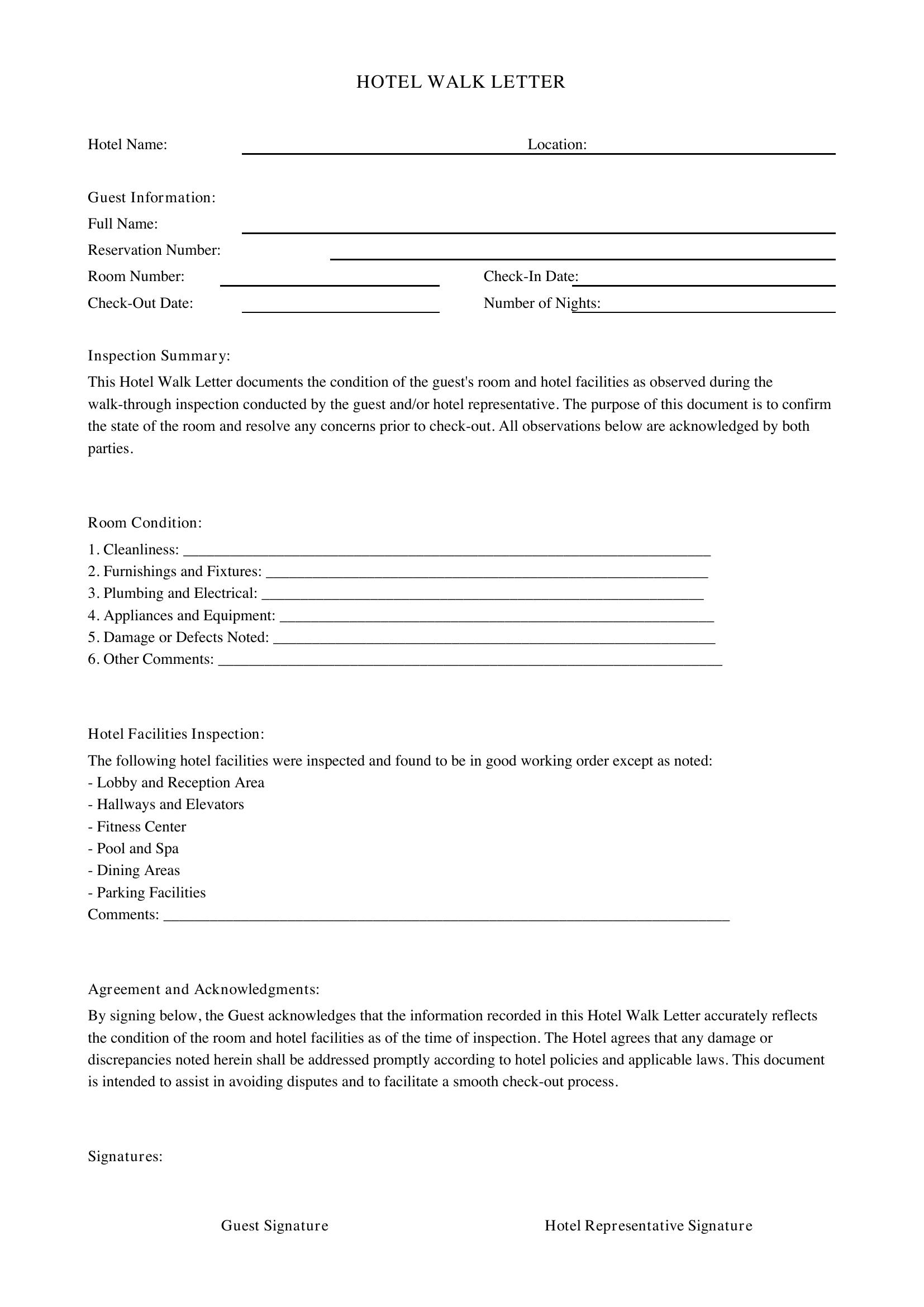 Hotel Walk Letter Template - US