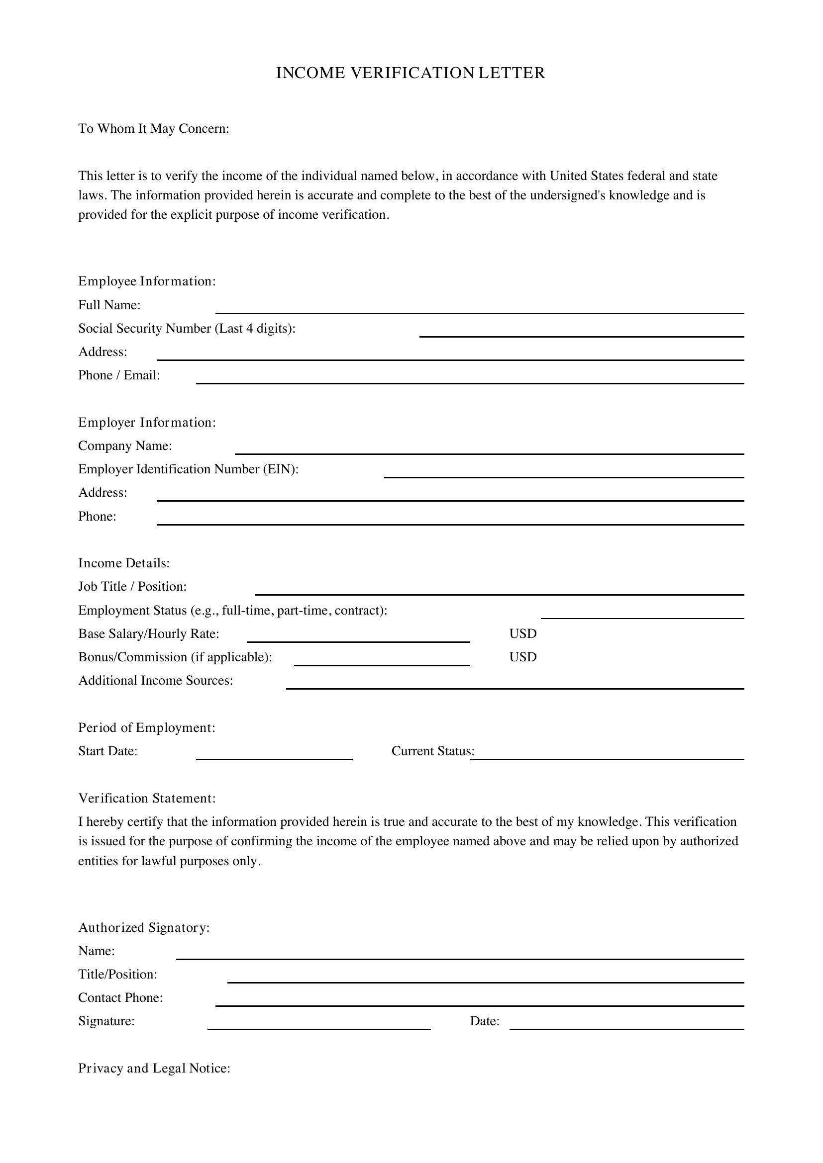 Income Letter Template - US