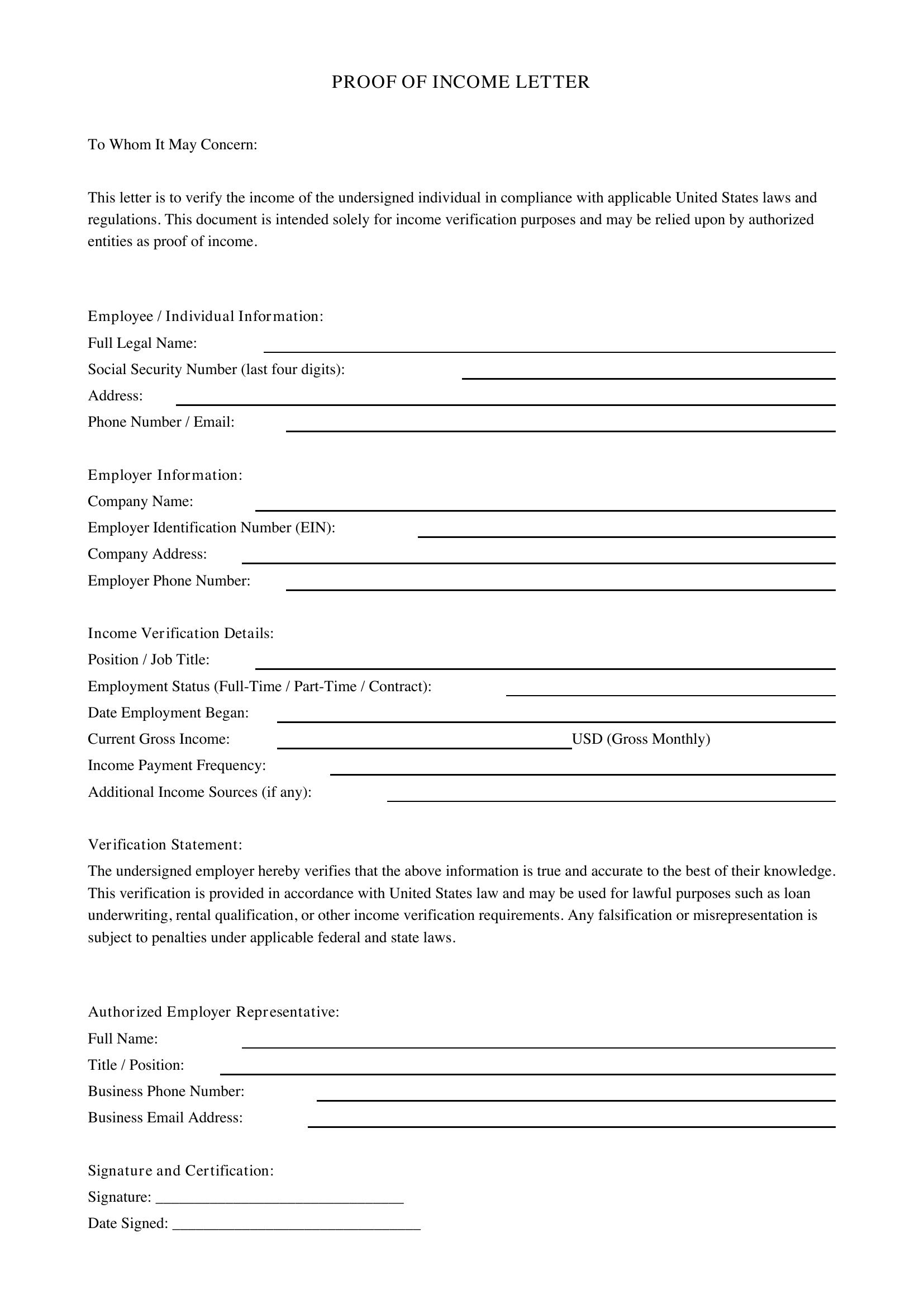 Income Verification Proof Of Income Letter Template - US