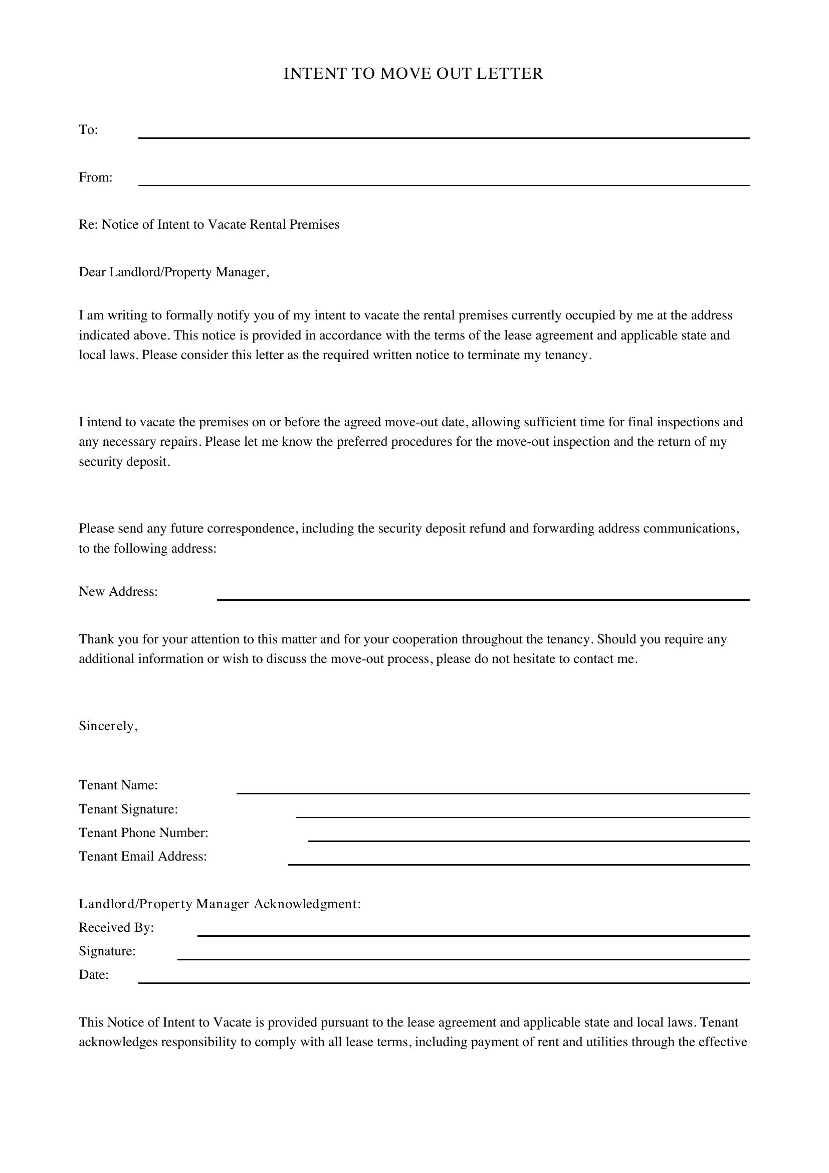 Intent To Move Out Letter Template - US