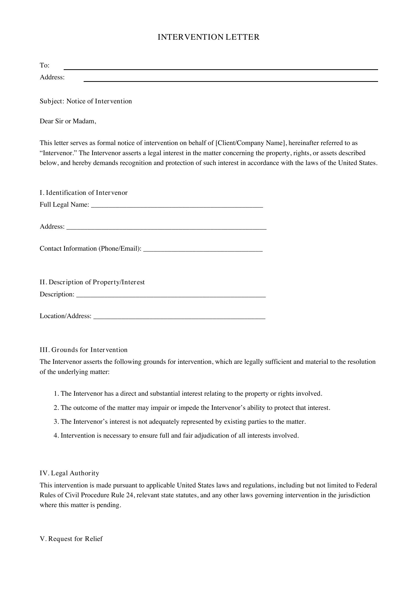 Intervention Letter Template - US