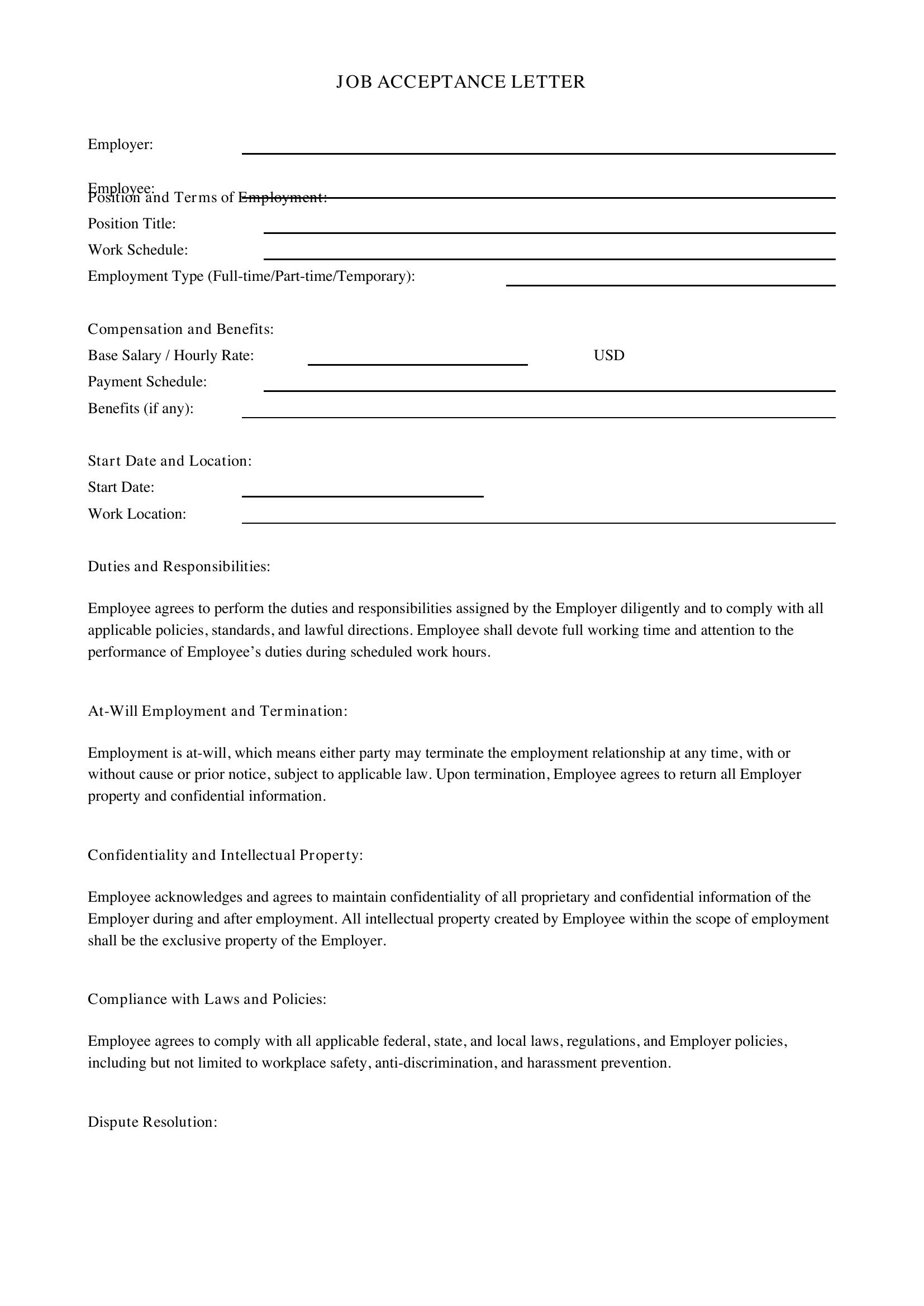 Job Acceptance Letter Template - US