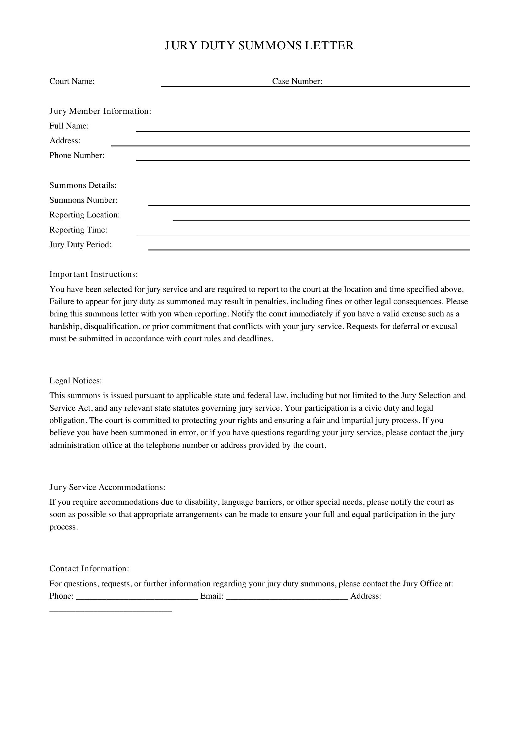 Jury Duty Letter Template - US