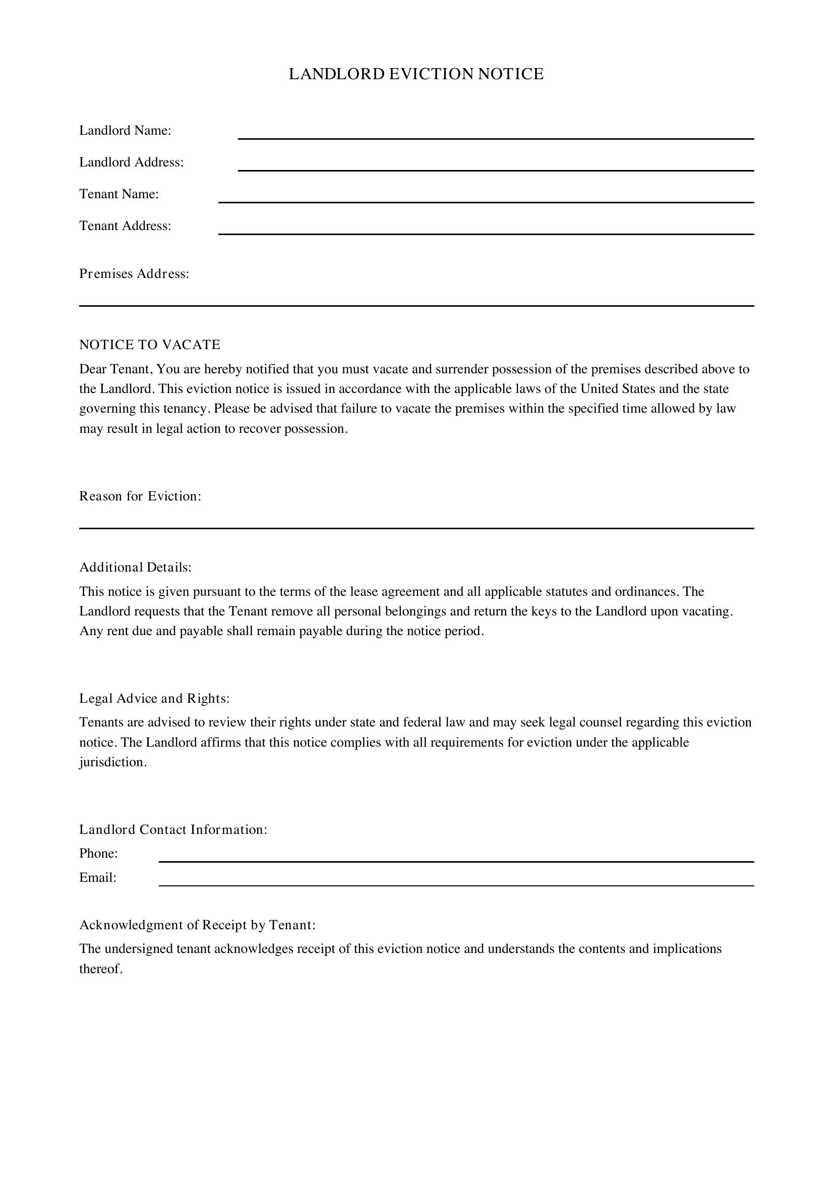 Landlord Eviction Letter Template - US