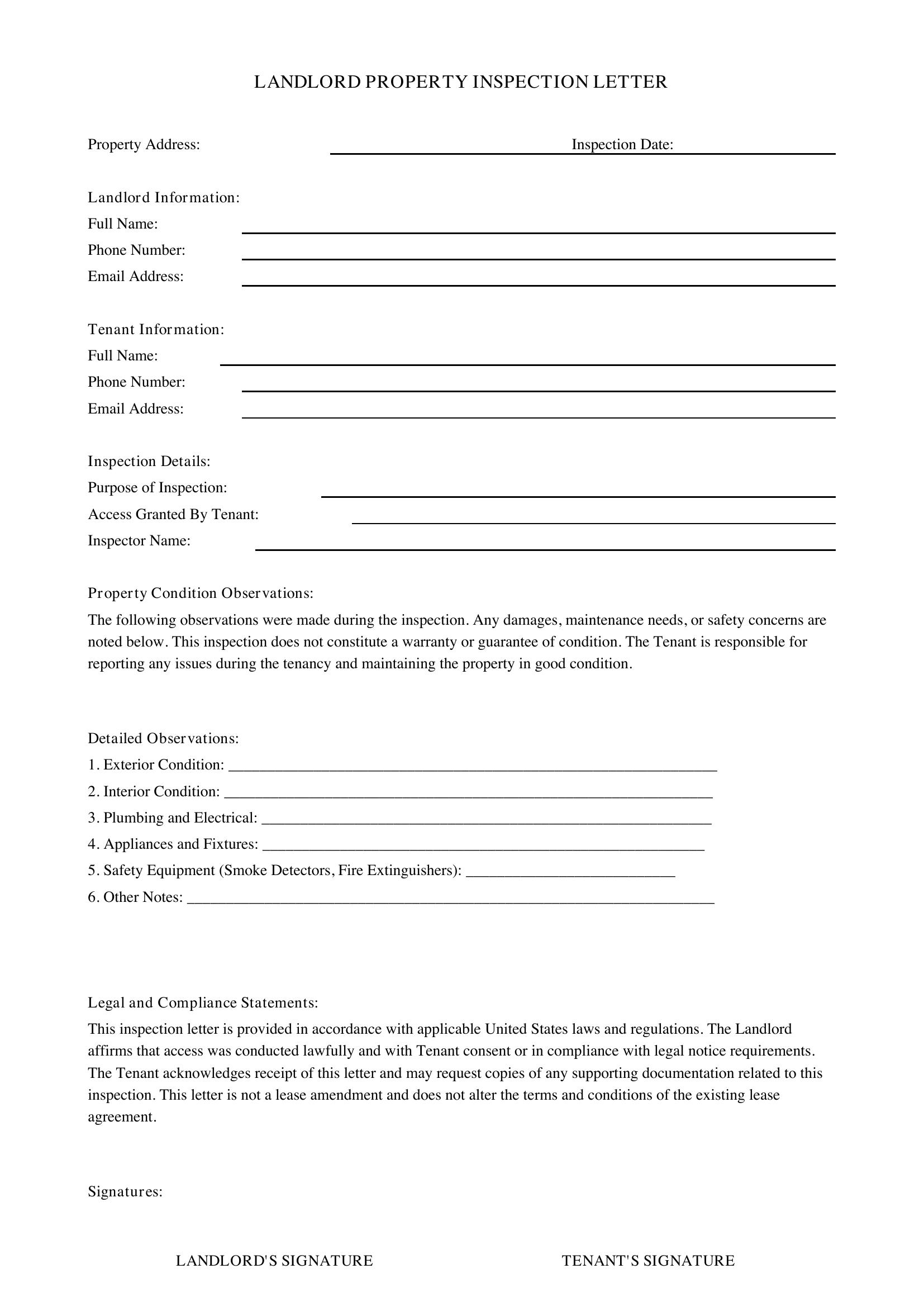 Landlord Property Inspection Letter Template - US