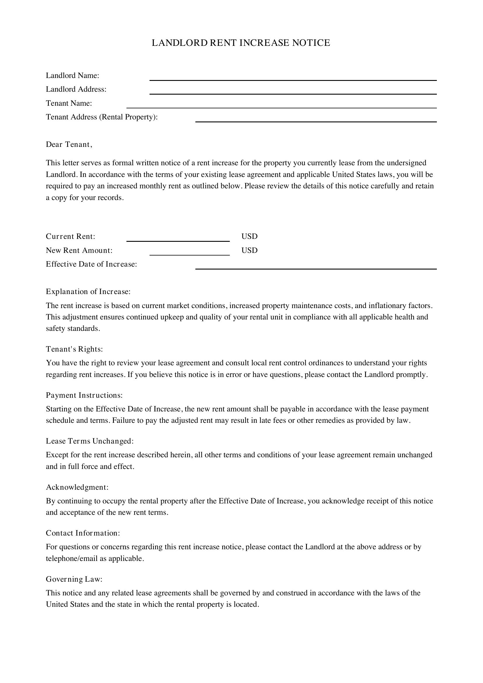 Landlord Rent Increase Letter Template - US