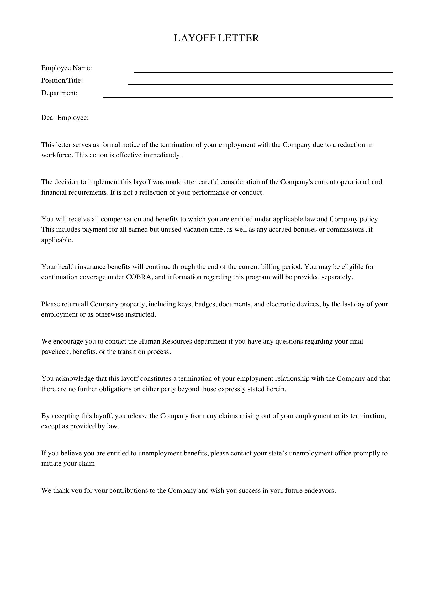 Layoff Letter Template - US