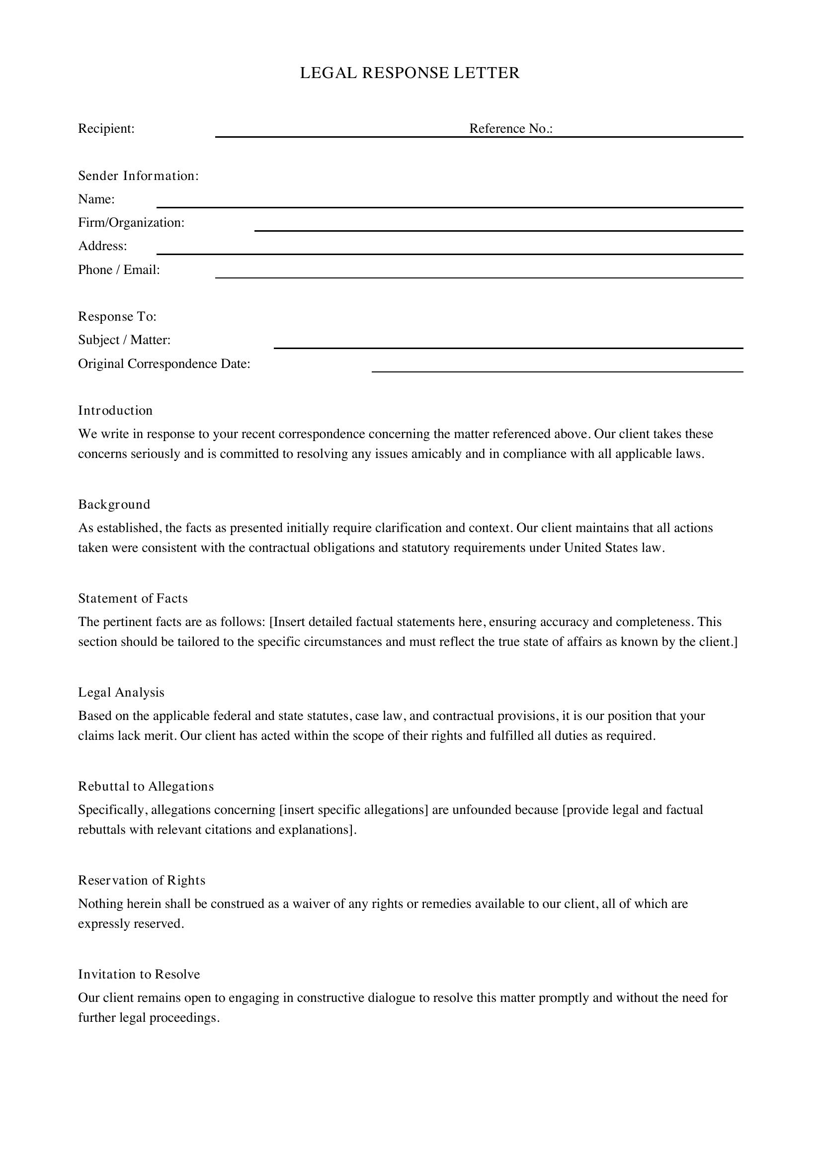 Legal Response Letter Template - US
