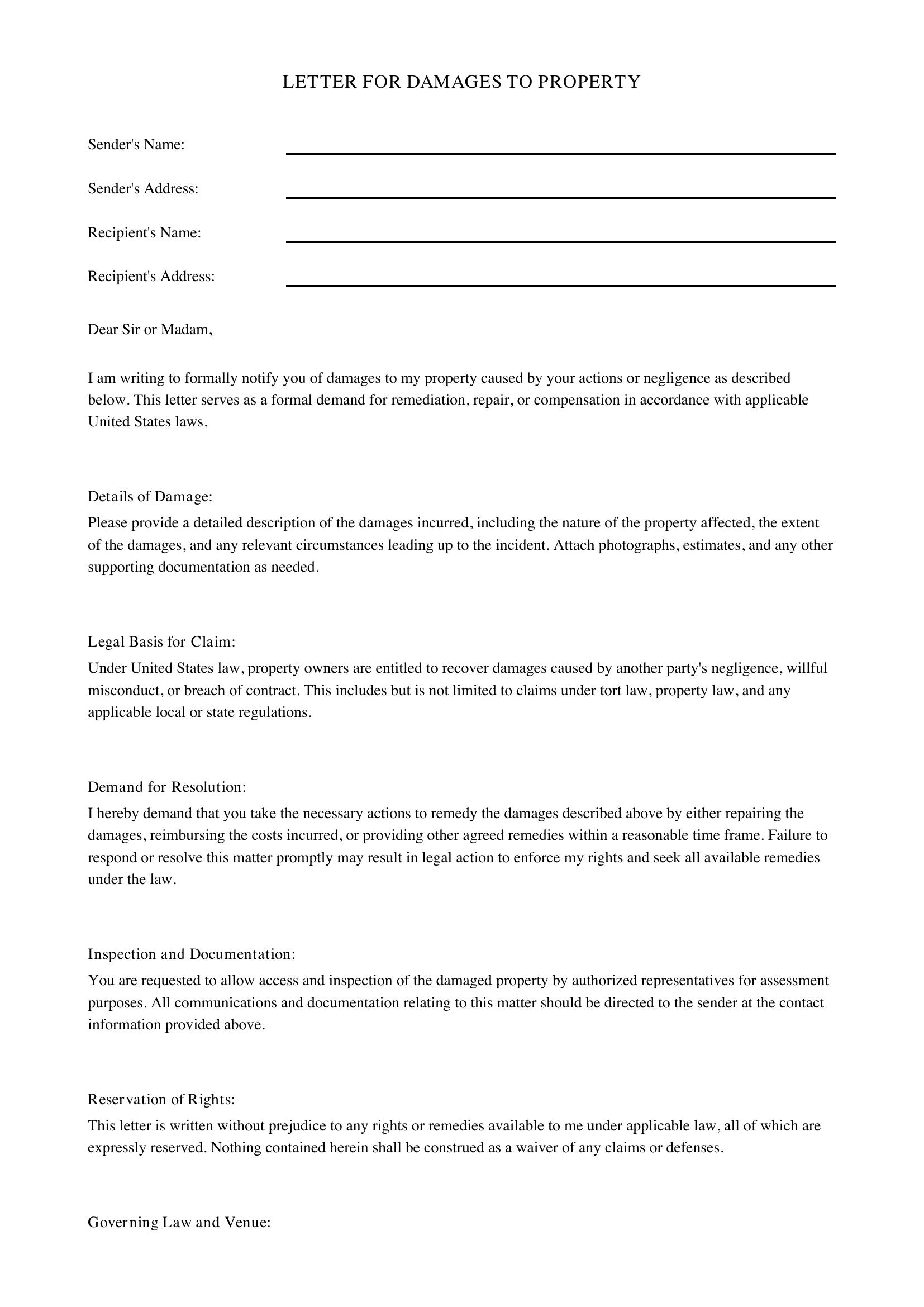 Letter For Damages To Property Template - US