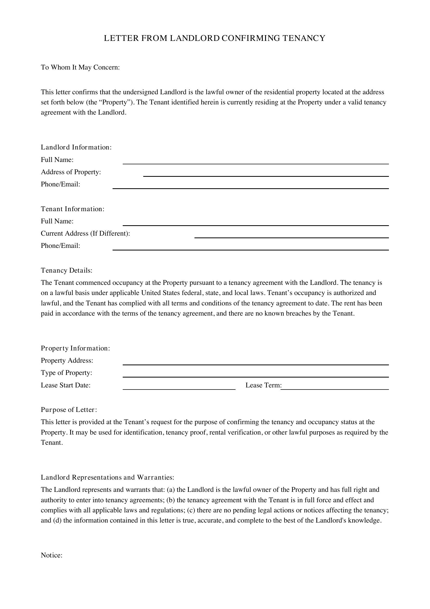 Letter From Landlord Confirming Tenancy Template - US