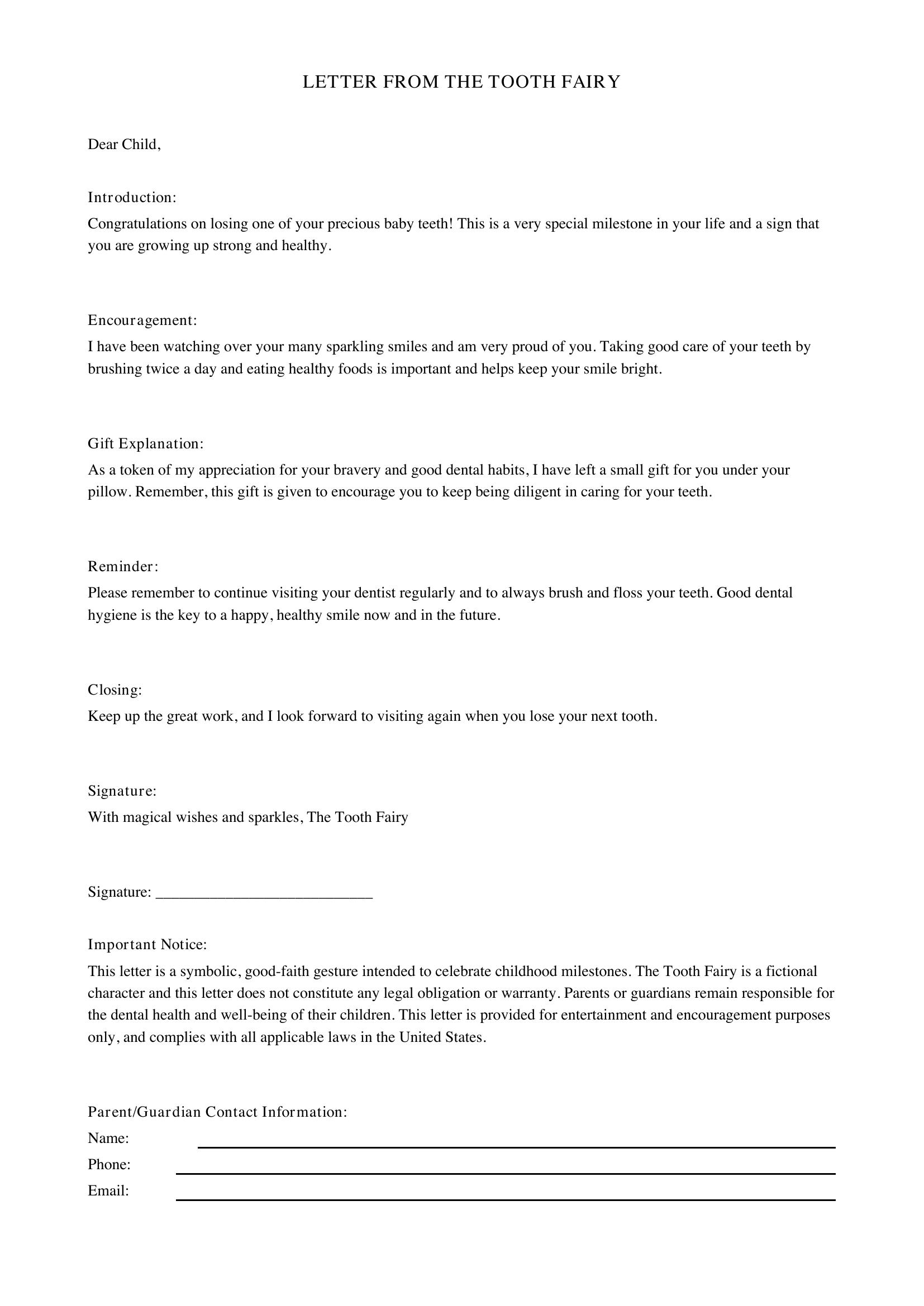 Letter From Tooth Fairy Template - US