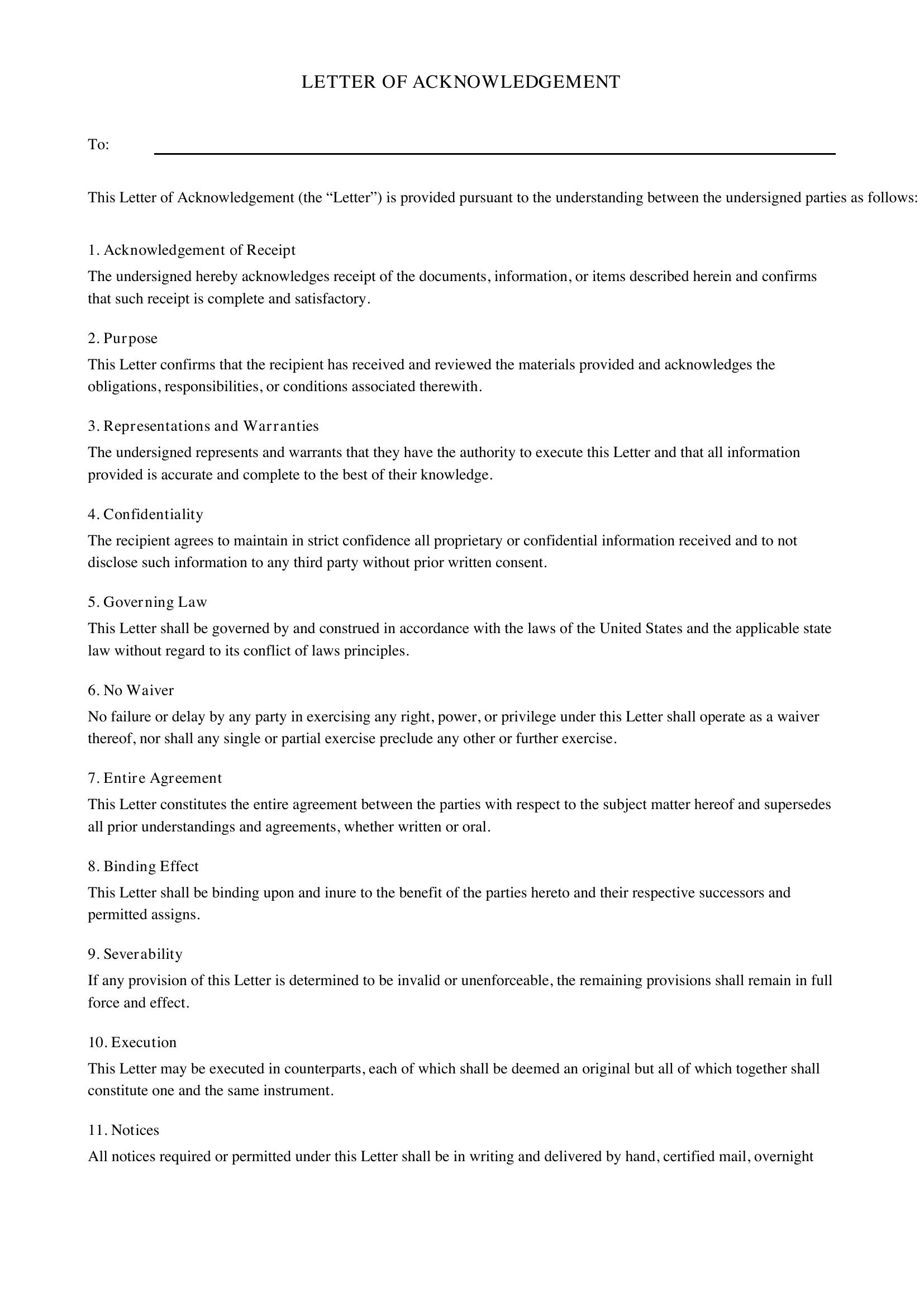 Letter Of Acknowledgement Template - US