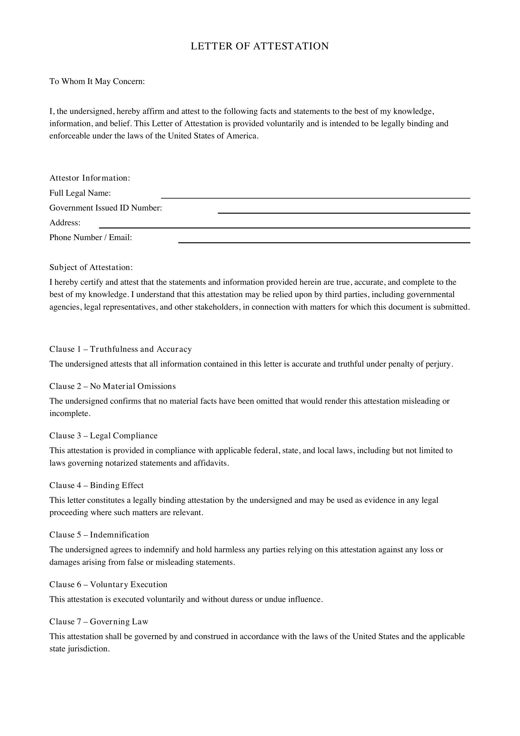 Letter Of Attestation Template - US
