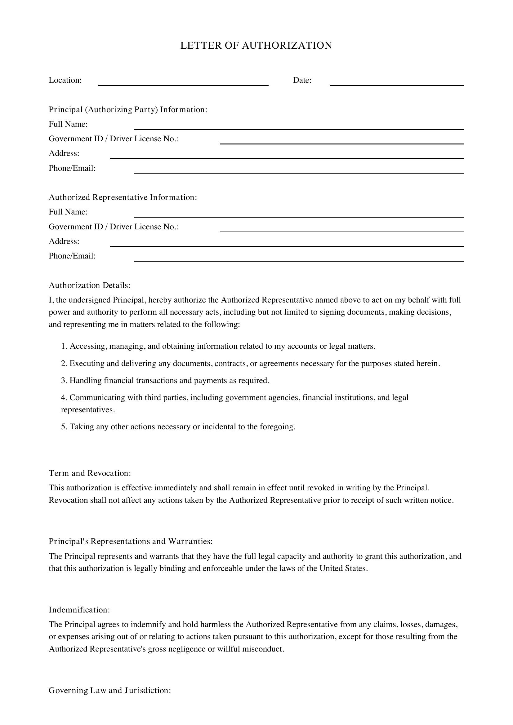 Letter Of Authorization Template - US